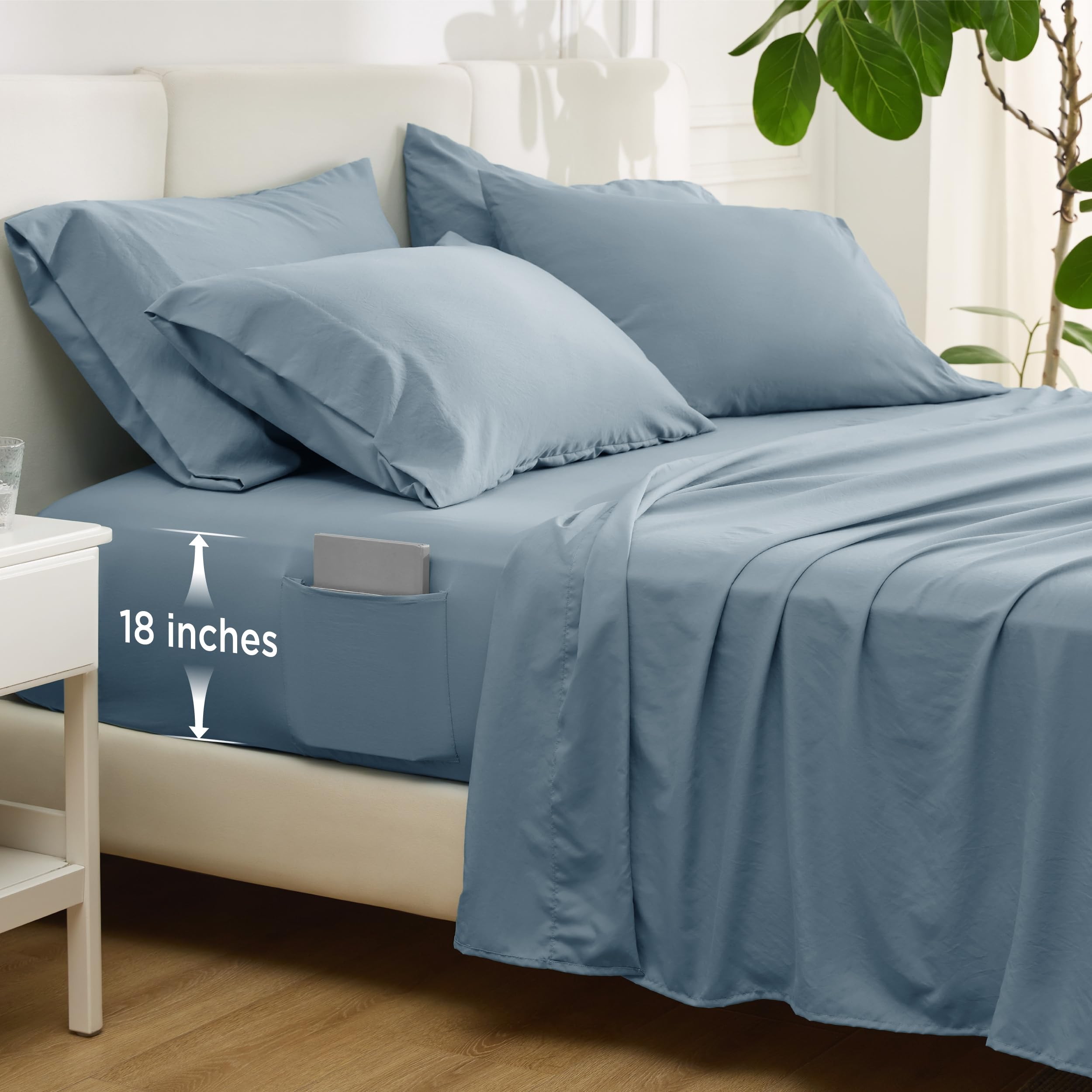 300TC pure Cotton 4-Piece Set – Deep Pocket Fitted Sheet with Built-in Side Storage Pockets