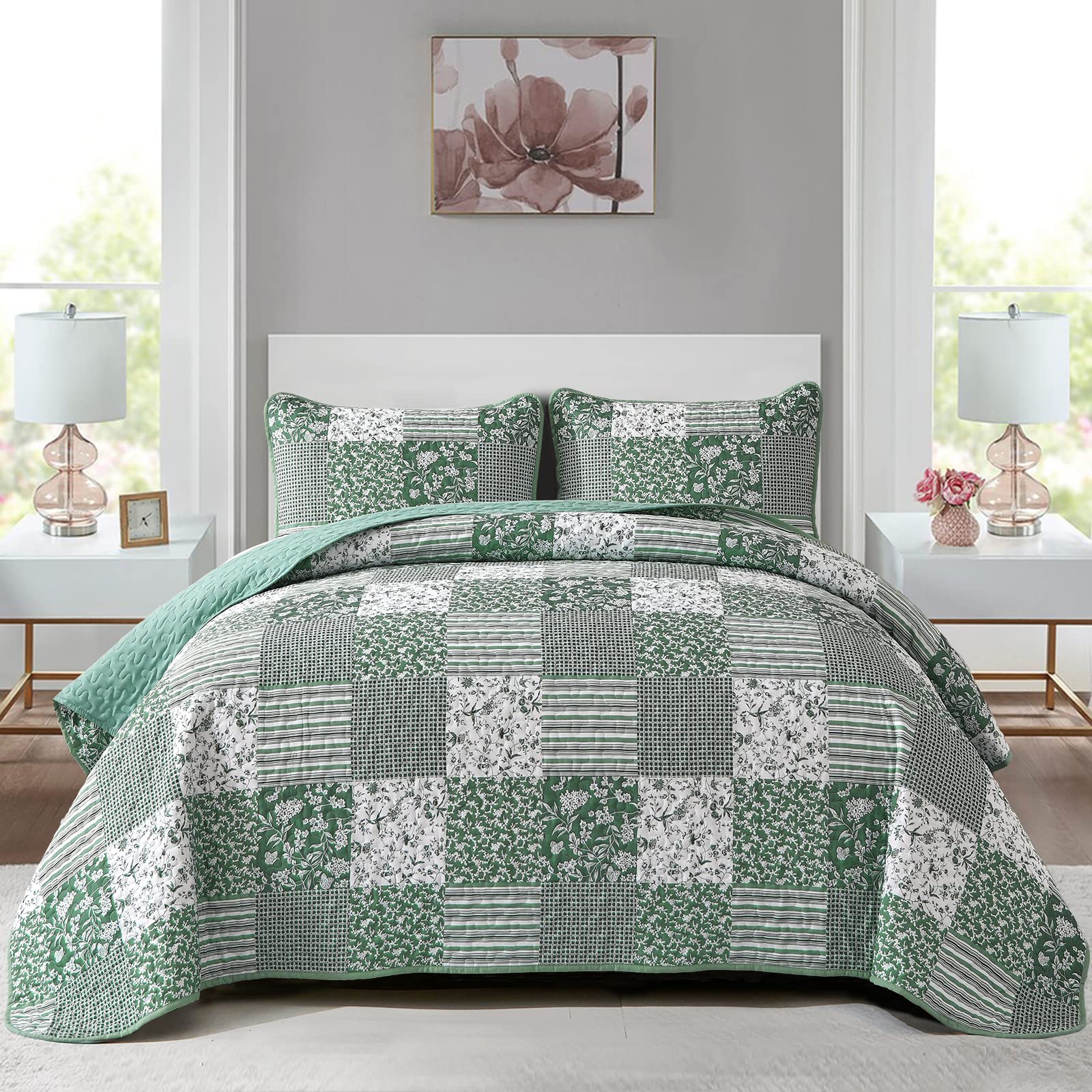 Floral Patchwork Plaid Bedspread Set – Reversible Microfiber & All-Season Comfort
