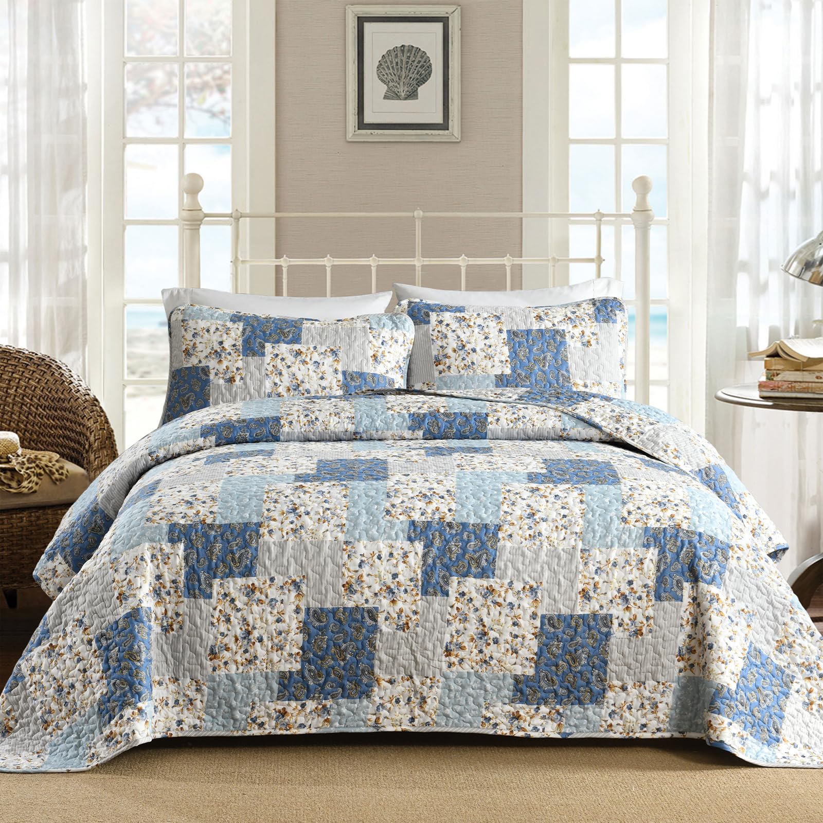 Floral Patchwork Plaid Bedspread Set – Reversible Microfiber & All-Season Comfort