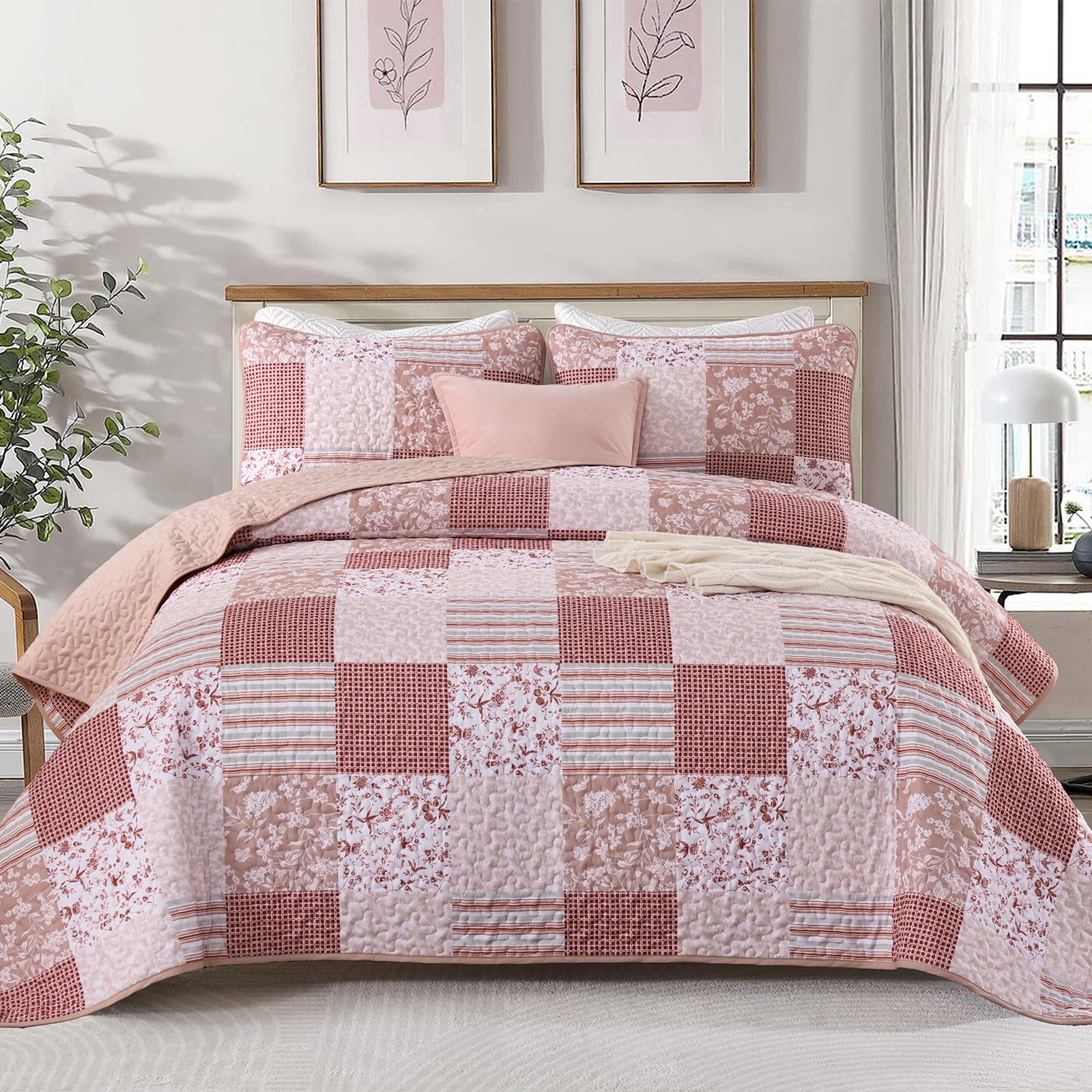 Floral Patchwork Plaid Bedspread Set – Reversible Microfiber & All-Season Comfort