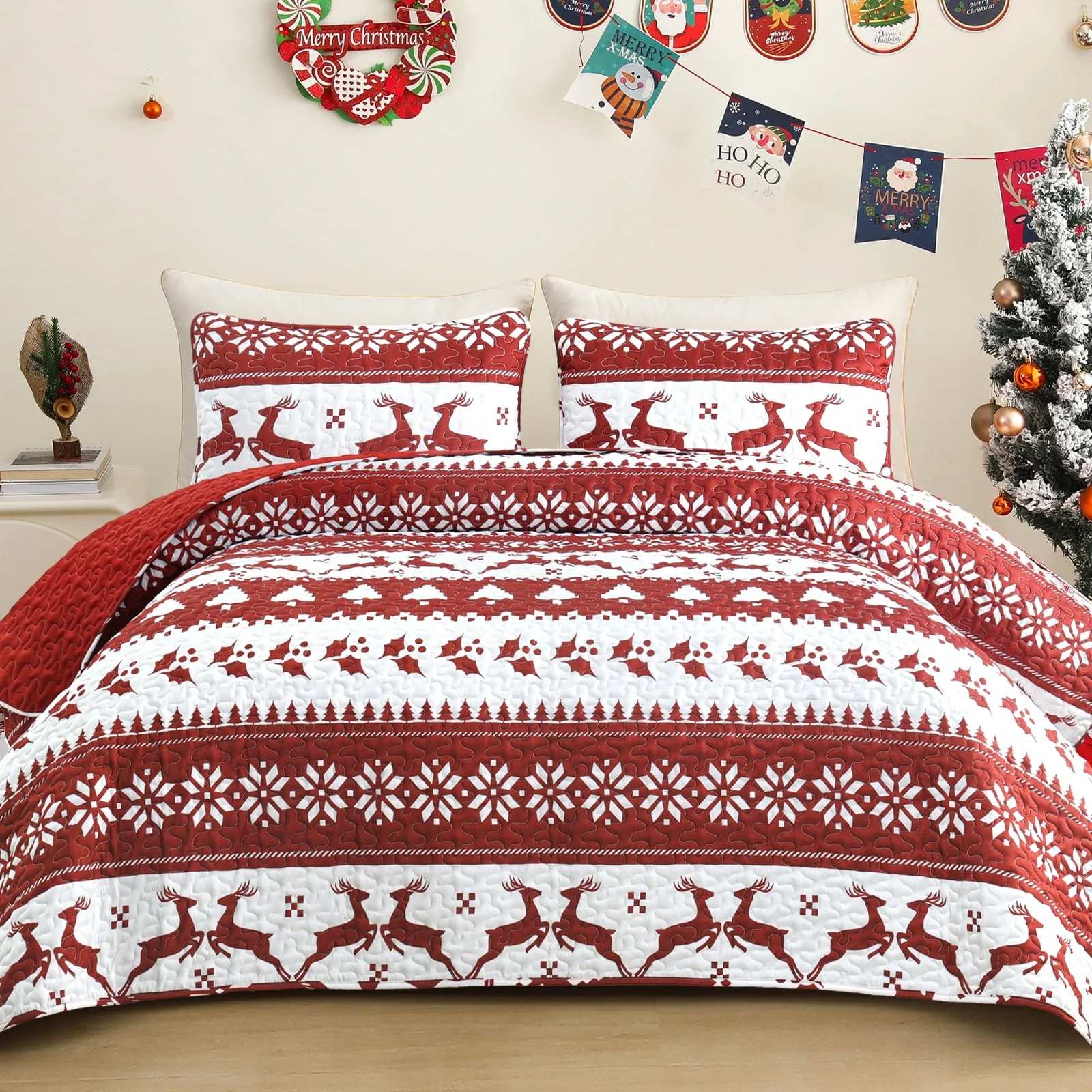Christmas Quilted Microfiber Bedspread Set – Reversible Holiday Comfort for All Seasons