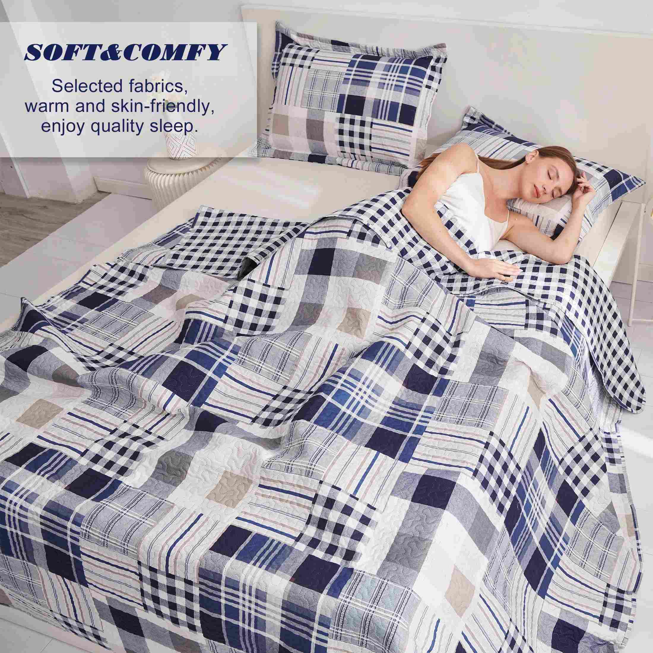 Reversible Plaid Patchwork Ultrasonic Bedspread 3-Piece Set