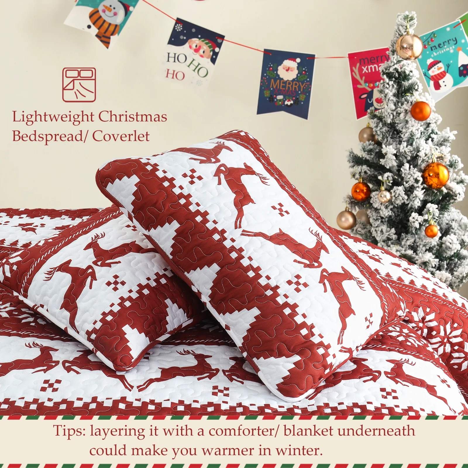 Christmas Quilted Microfiber Bedspread Set – Reversible Holiday Comfort for All Seasons