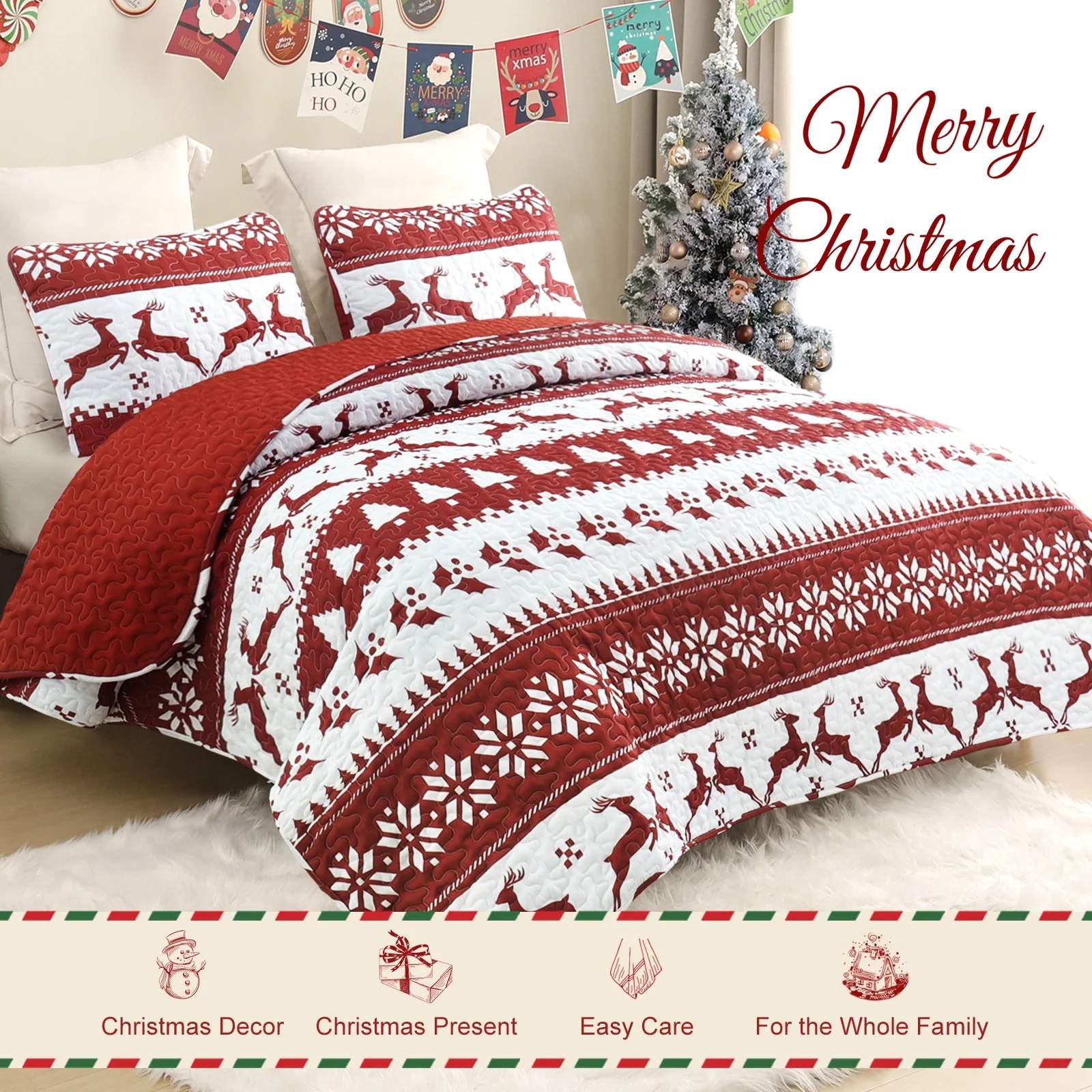 Christmas Quilted Microfiber Bedspread Set – Reversible Holiday Comfort for All Seasons