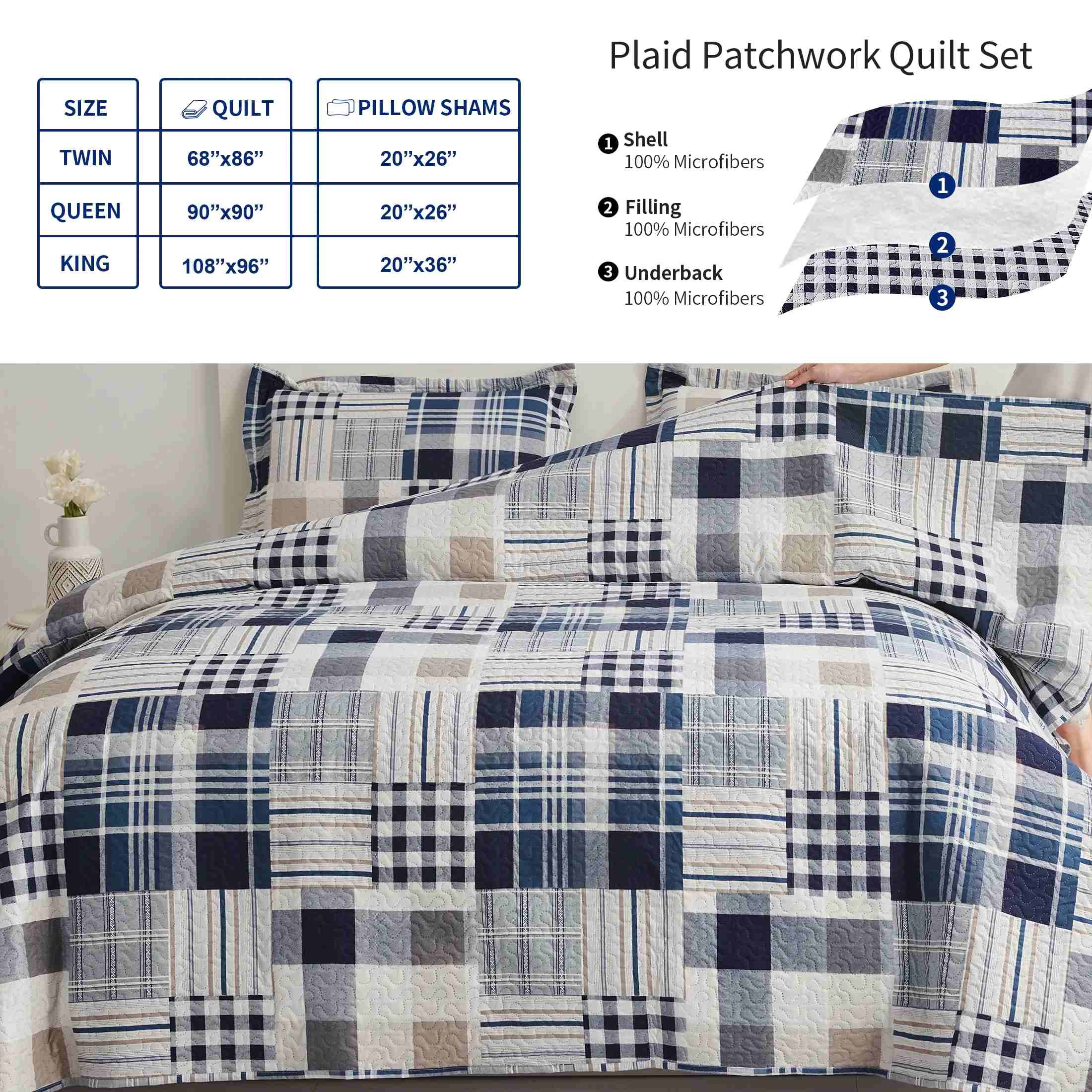 Reversible Plaid Patchwork Ultrasonic Bedspread 3-Piece Set