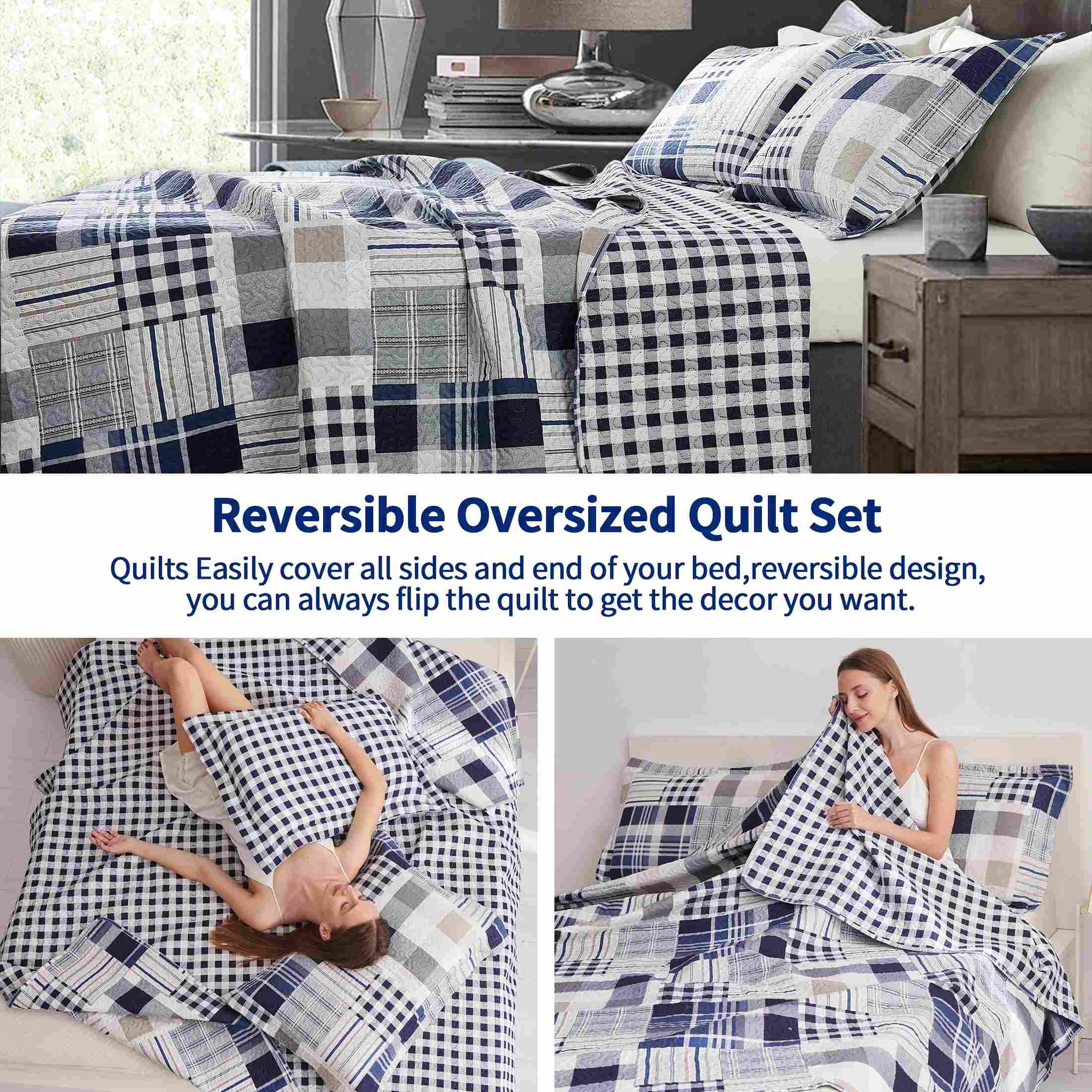 Reversible Plaid Patchwork Ultrasonic Bedspread 3-Piece Set
