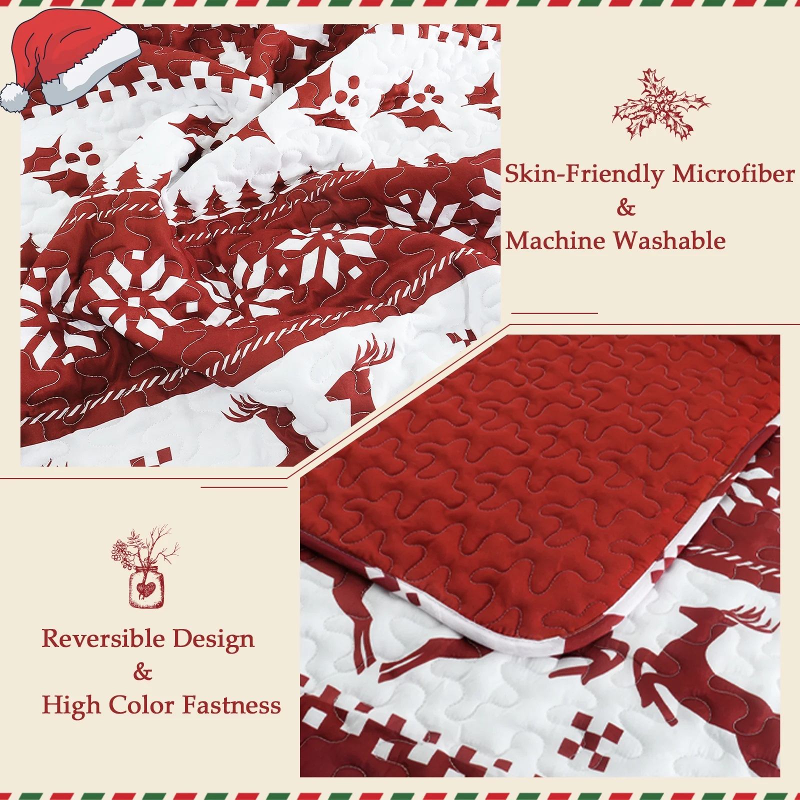 Christmas Quilted Microfiber Bedspread Set – Reversible Holiday Comfort for All Seasons