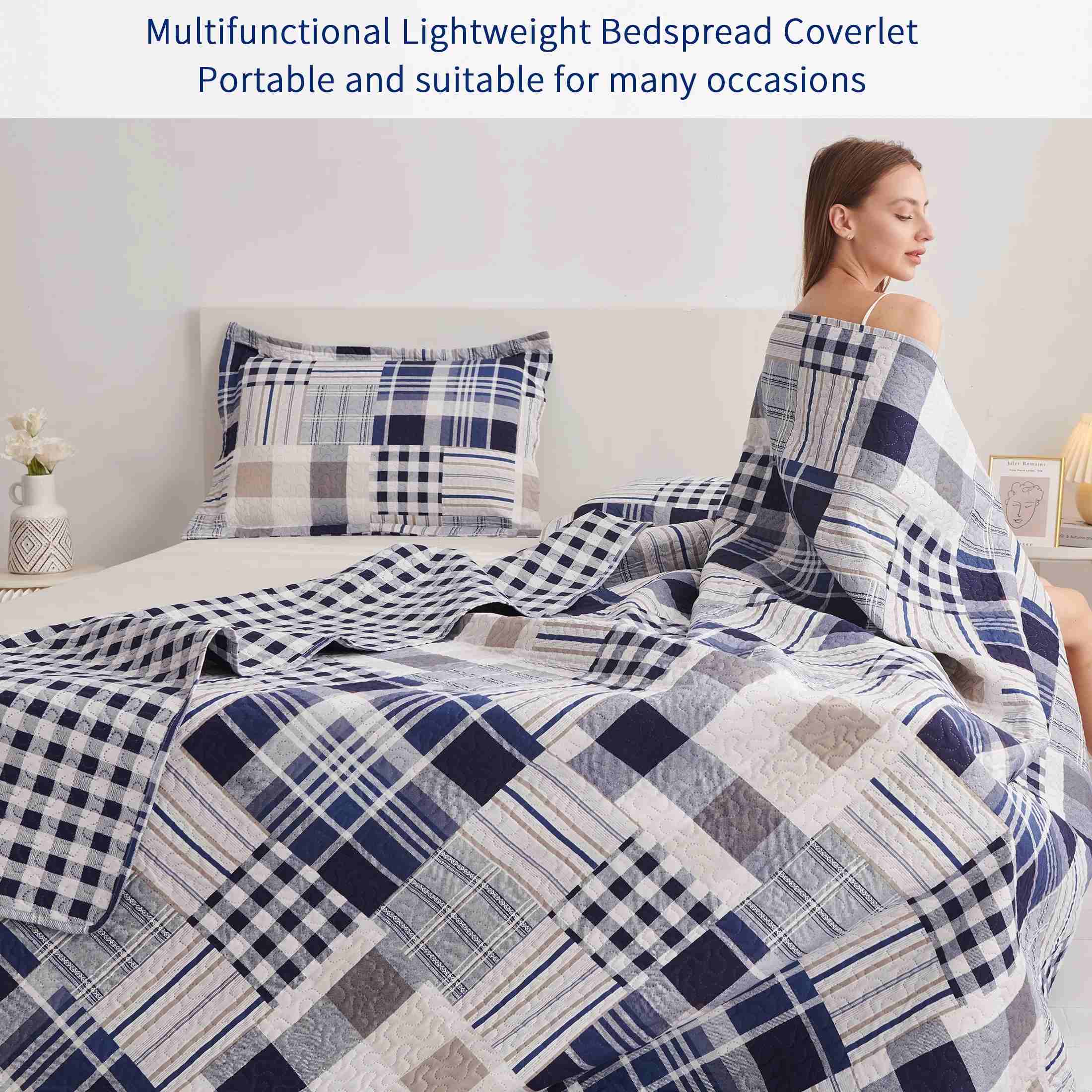 Reversible Plaid Patchwork Ultrasonic Bedspread 3-Piece Set