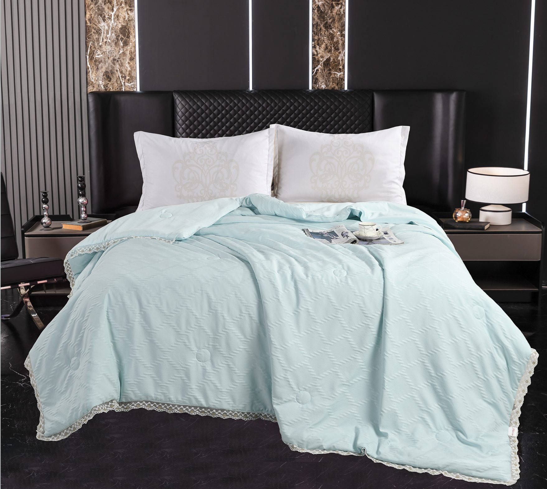 Textured Check Quilt with Lace Trim, Lightweight Polyester-Filled Comforter