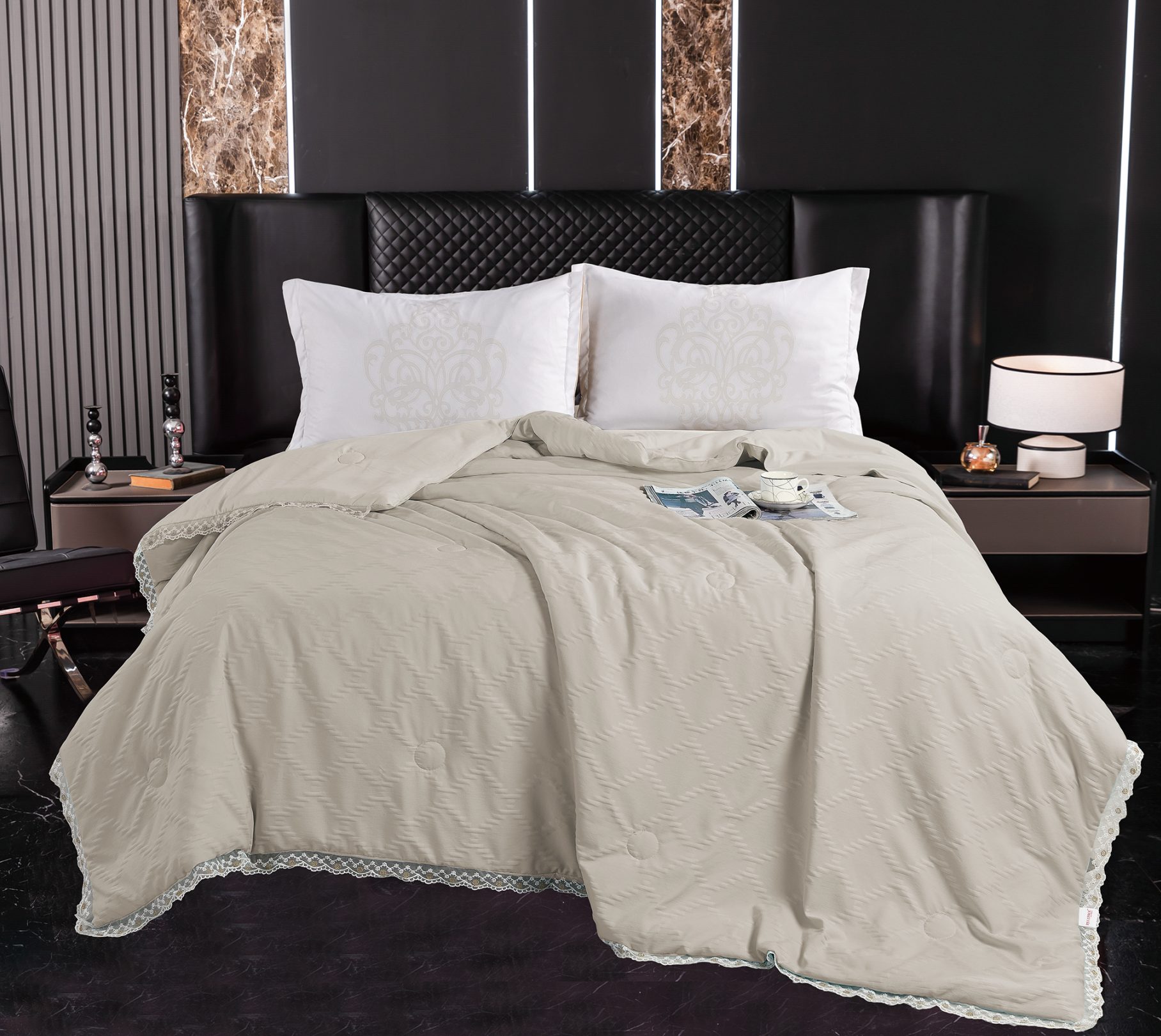 Textured Check Quilt with Lace Trim, Lightweight Polyester-Filled Comforter