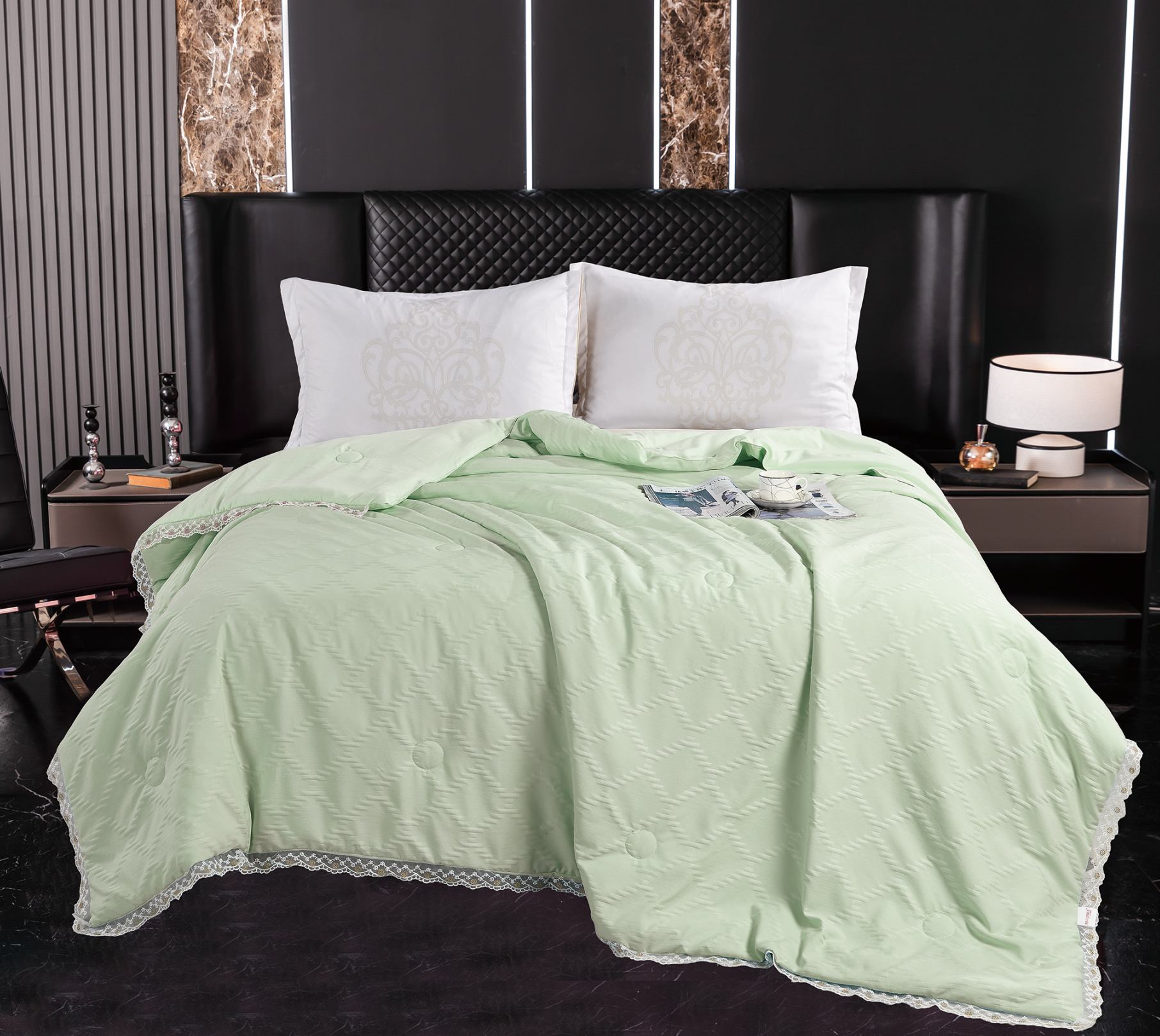 Textured Check Quilt with Lace Trim, Lightweight Polyester-Filled Comforter