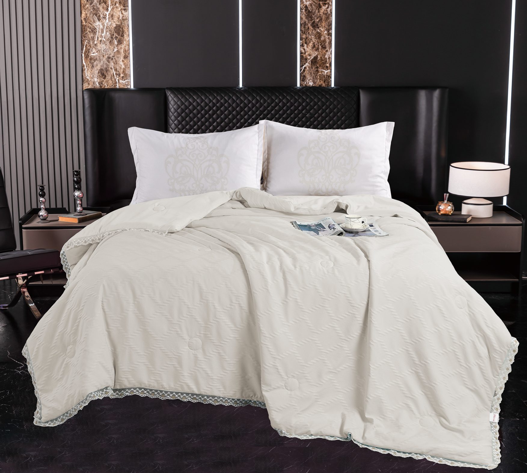 Textured Check Quilt with Lace Trim, Lightweight Polyester-Filled Comforter