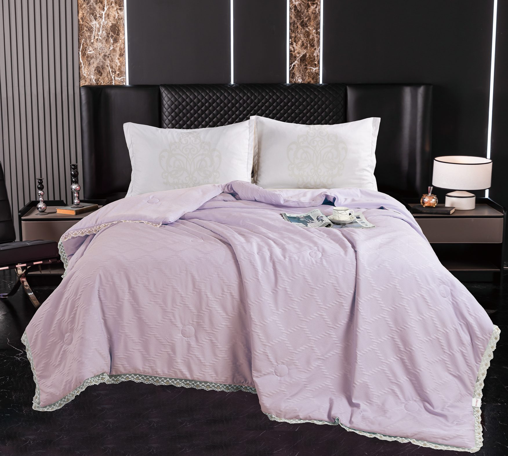 Textured Check Quilt with Lace Trim, Lightweight Polyester-Filled Comforter