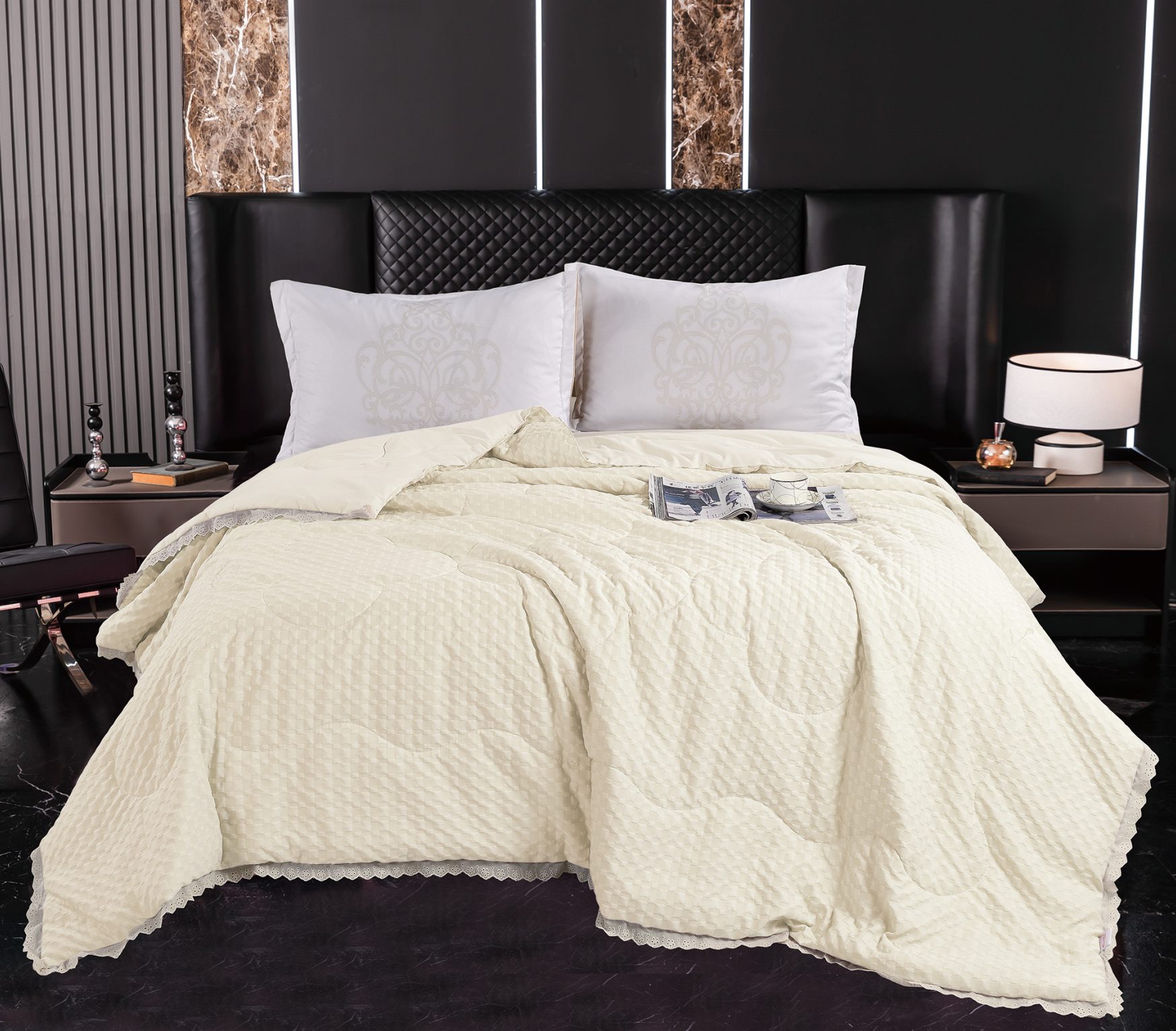 Checkerboard Textured Quilt with Lace Trim, Lightweight Polyester-Filled Comforter