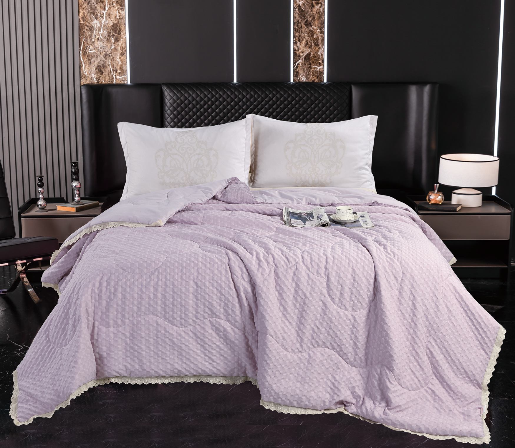 Checkerboard Textured Quilt with Lace Trim, Lightweight Polyester-Filled Comforter