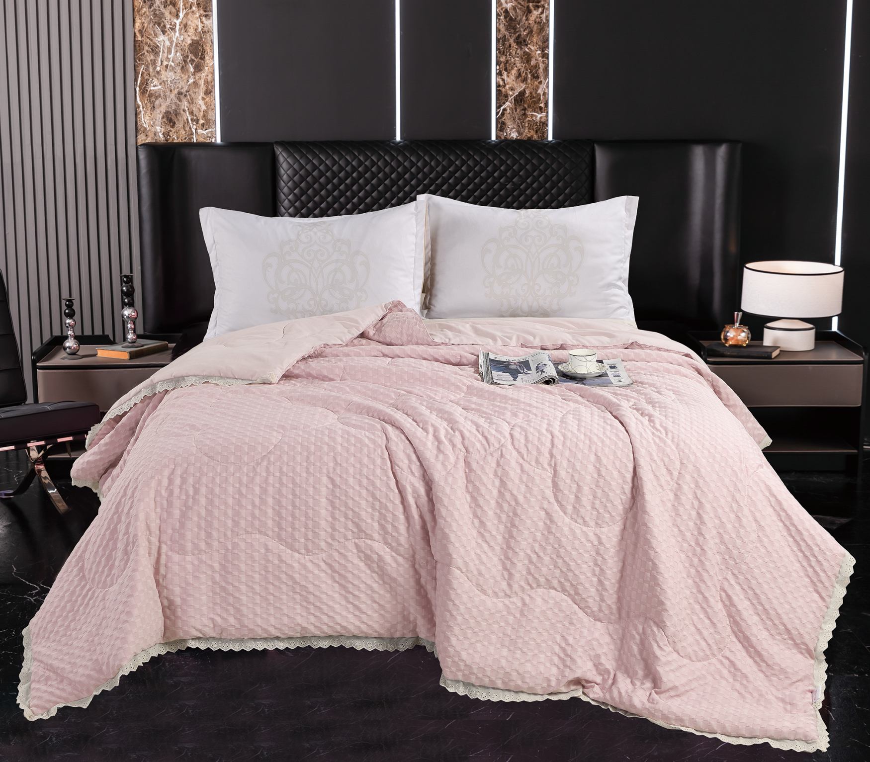 Checkerboard Textured Quilt with Lace Trim, Lightweight Polyester-Filled Comforter