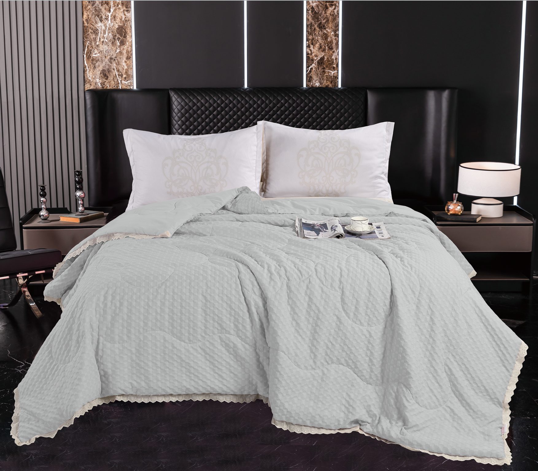 Checkerboard Textured Quilt with Lace Trim, Lightweight Polyester-Filled Comforter