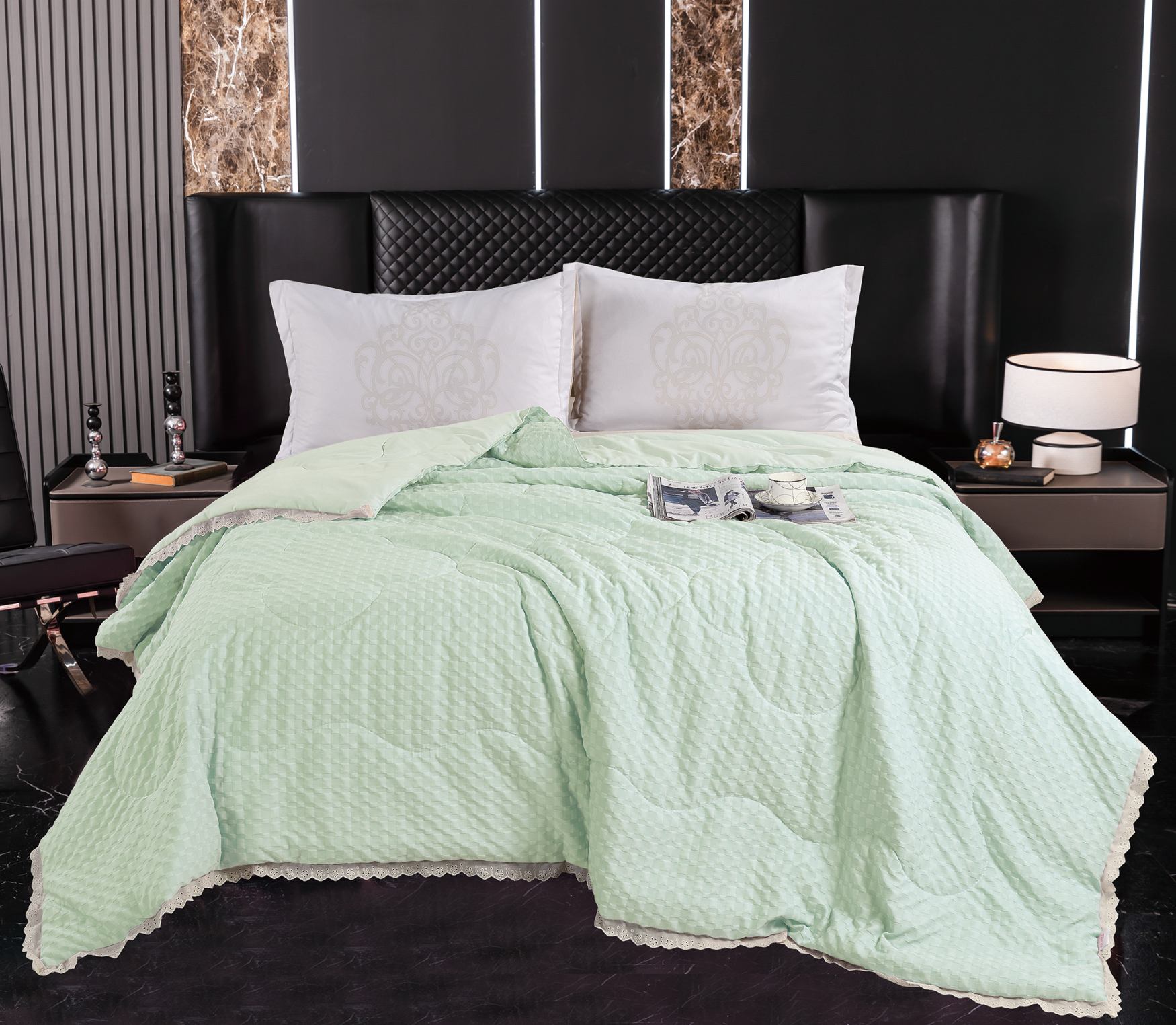 Checkerboard Textured Quilt with Lace Trim, Lightweight Polyester-Filled Comforter