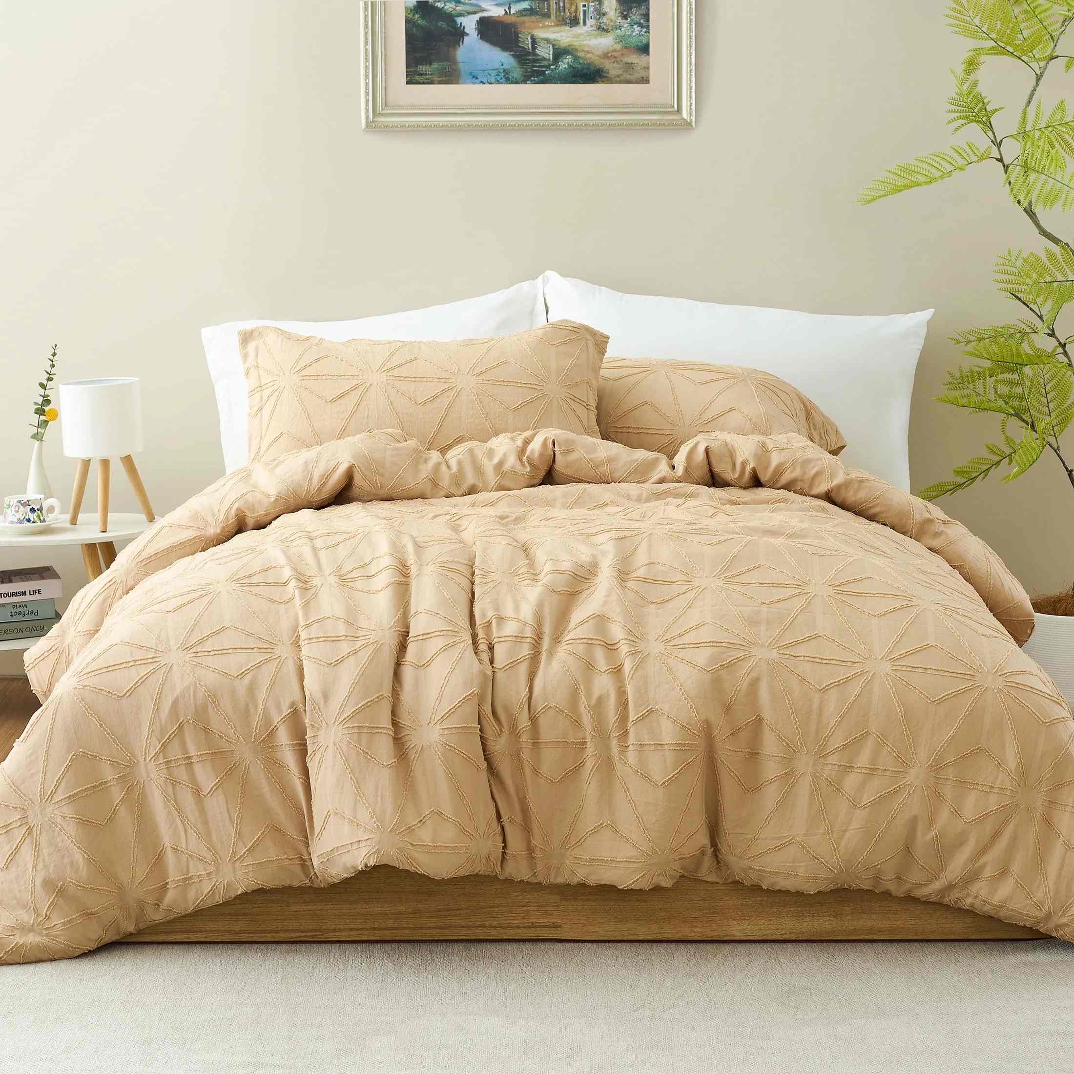 Washed Microfiber Tufted Jacquard Duvet Cover Set – Breathable Lightweight Bedding with Zipper Closure & Corner Ties (3-Piece)