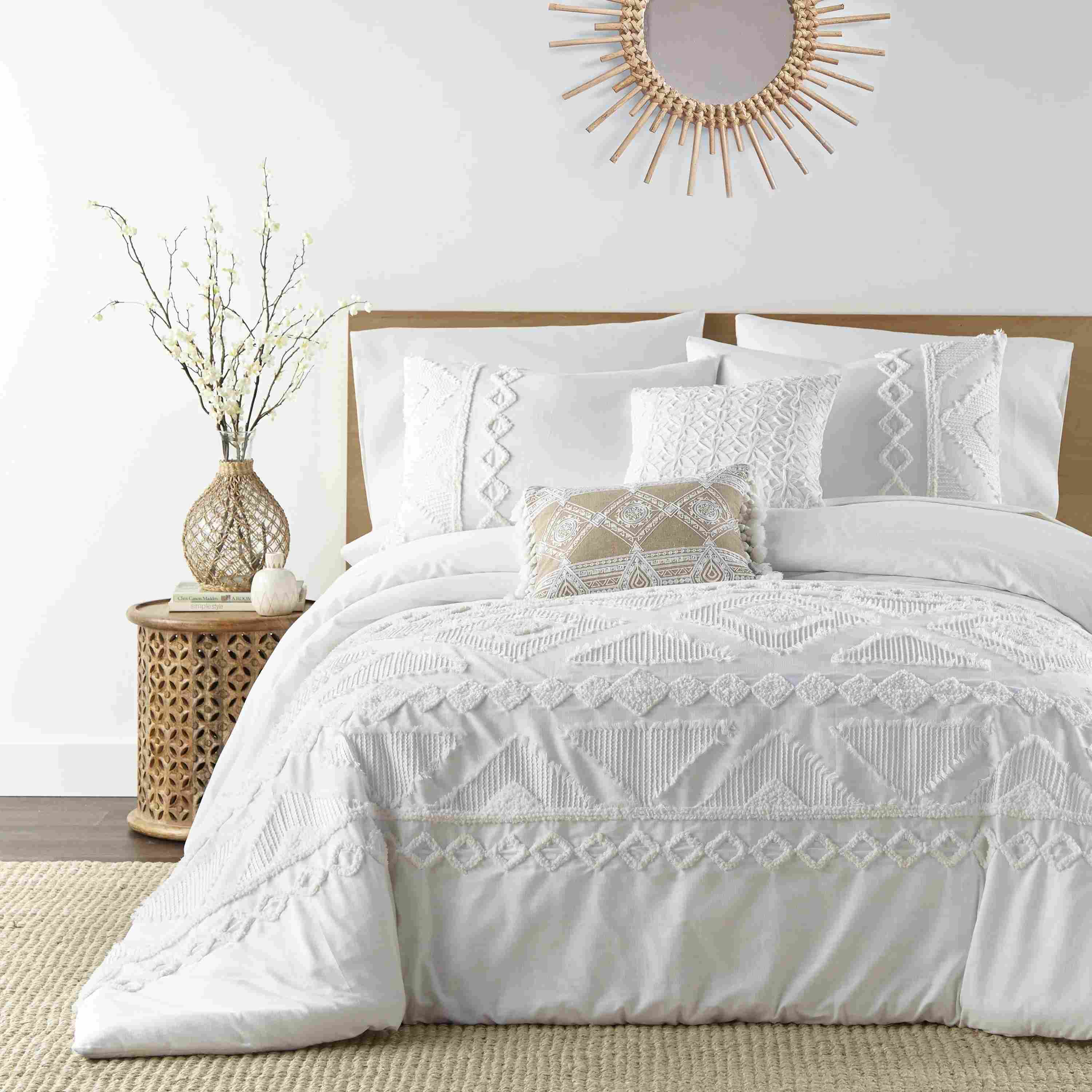 Tribal Tufted Jacquard Cotton Duvet Cover Set – Cream Chenille Detail, Soft Reversible Design, 3-Piece Bedding Set