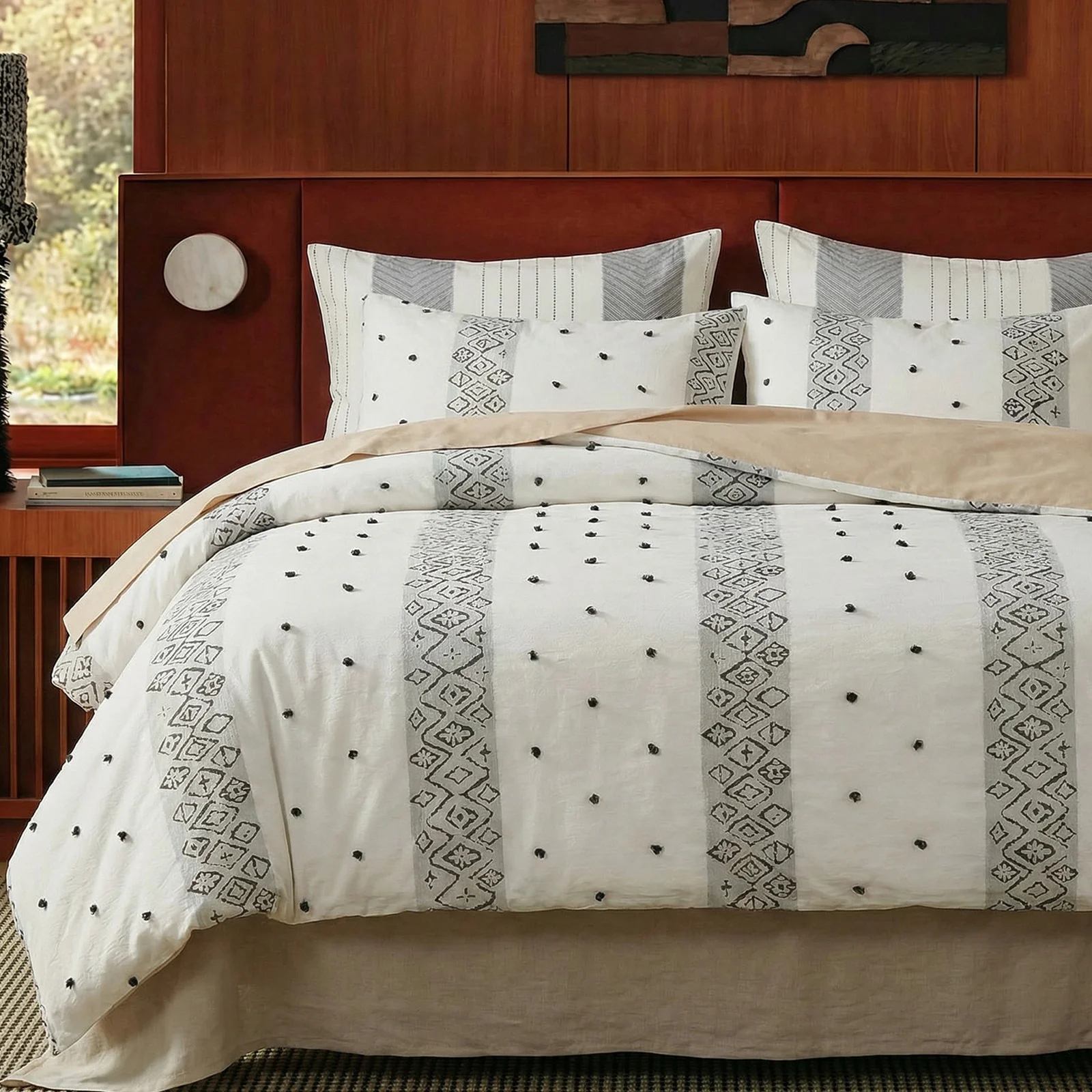 Bohemian Washed Cotton Embroidered Tufted Duvet Cover Set – Geometric Diamond Design with Hidden Zipper & Corner Ties (3-Piece)