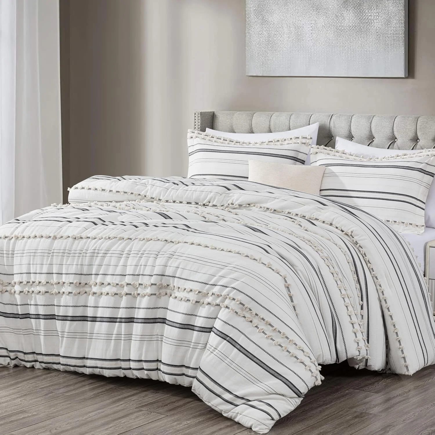 Cotton Jacquard Comforter Set – 220 GSM Fill, Boho Striped Tufted Design, Breathable 4-Piece Bedding Set