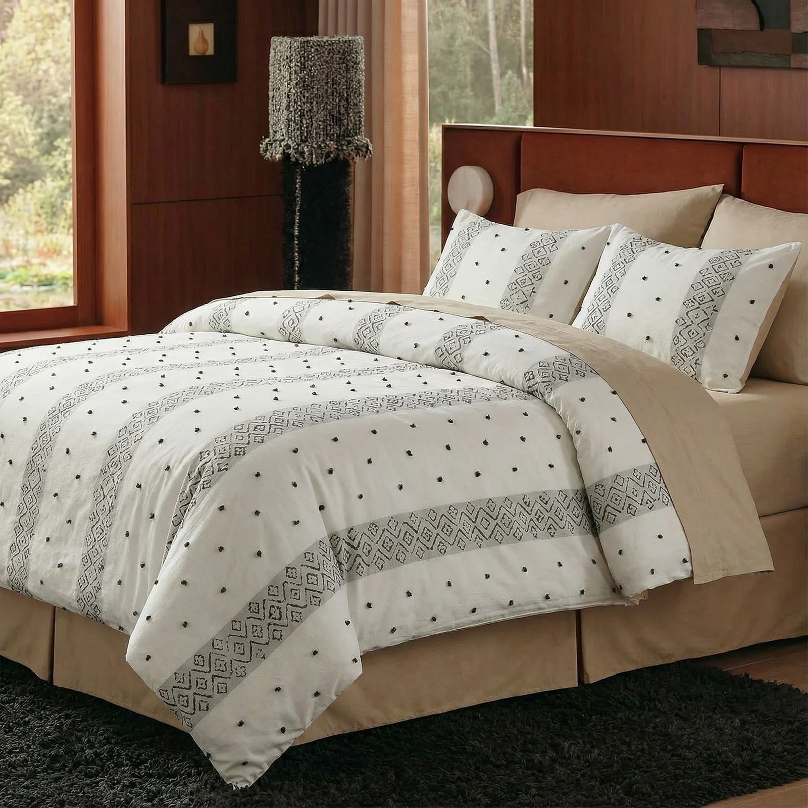 Bohemian Washed Cotton Embroidered Tufted Duvet Cover Set – Geometric Diamond Design with Hidden Zipper & Corner Ties (3-Piece)
