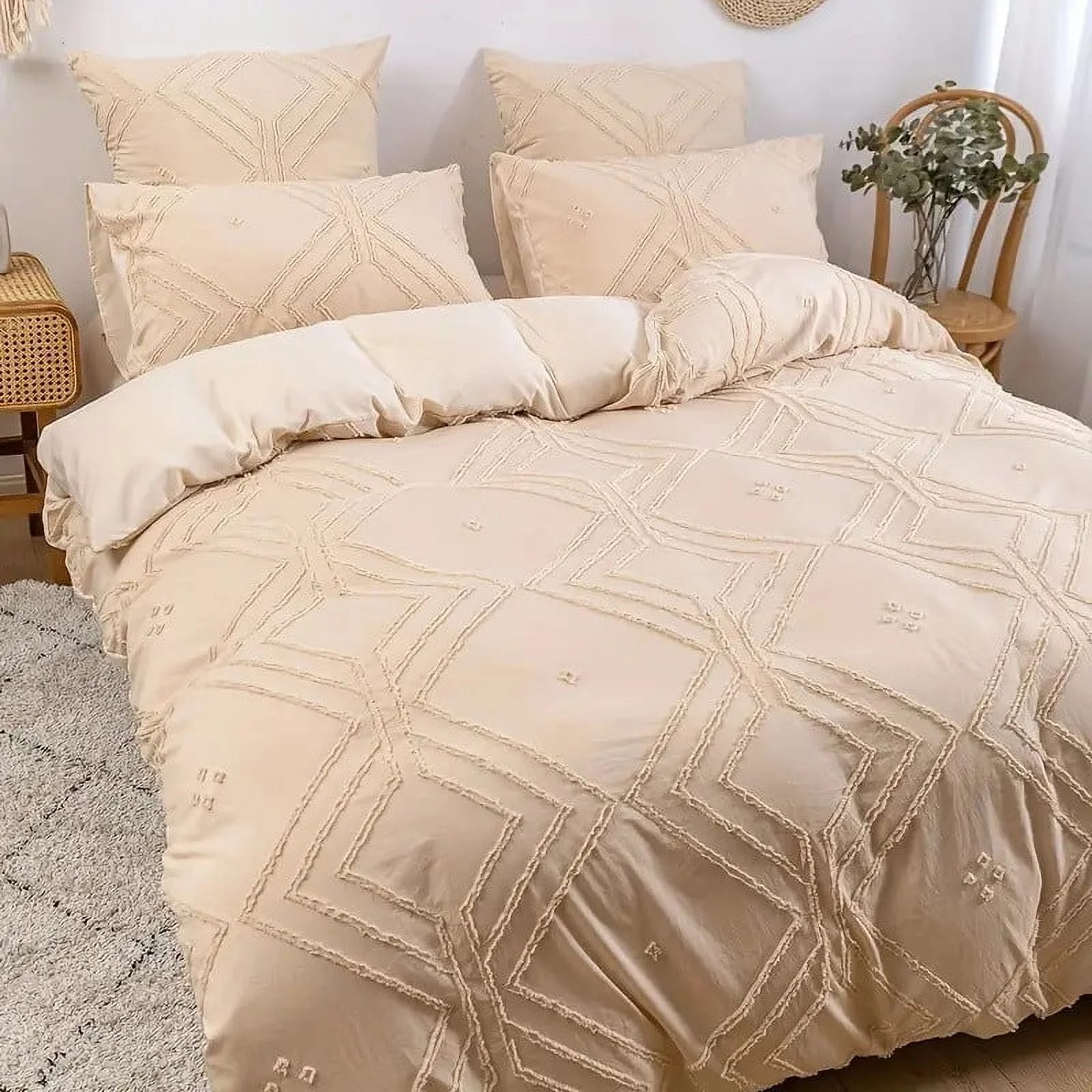Bohemian Tufted Duvet Cover Set – Durable Polyester, All-Season Comfort with Artistic Boho Design