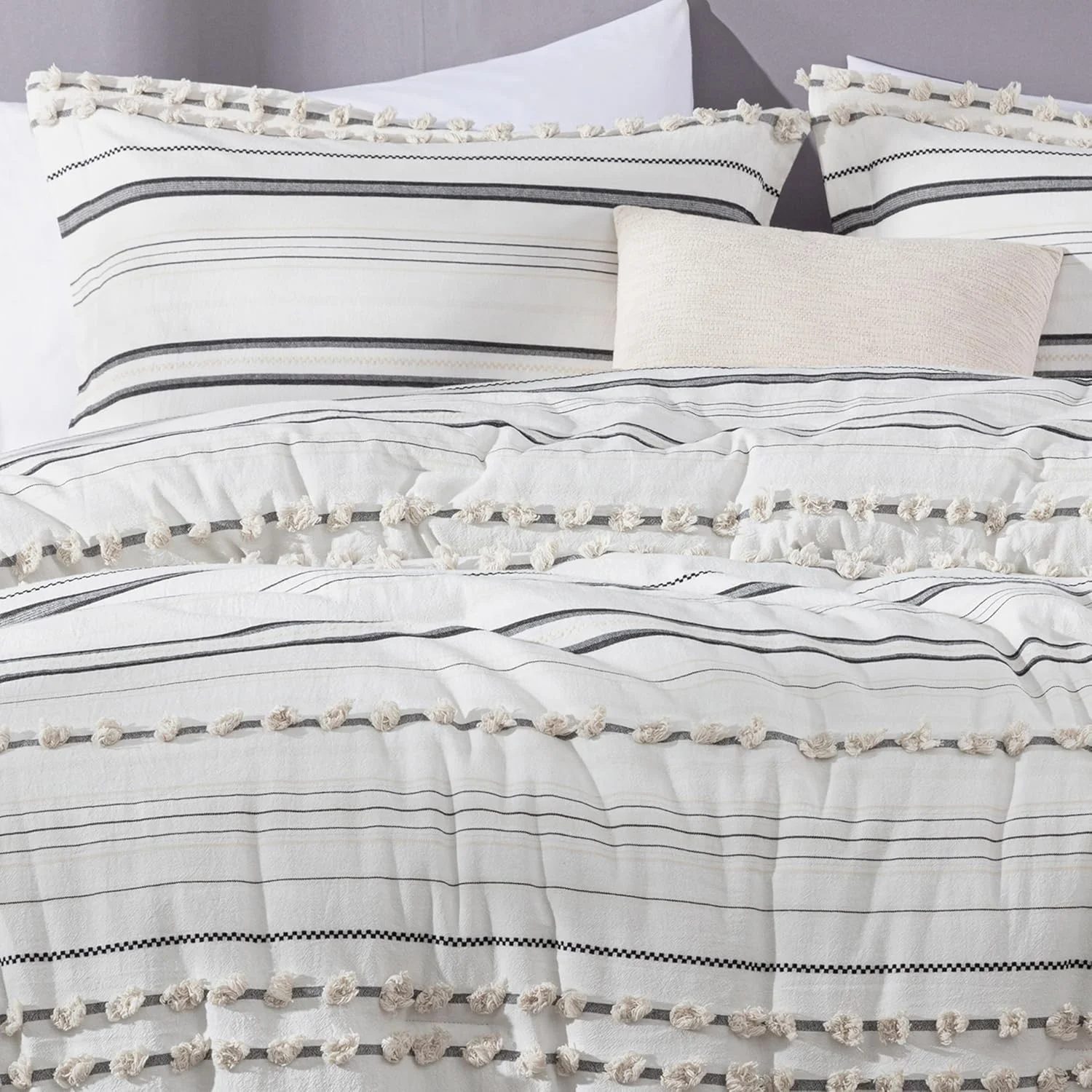 Cotton Jacquard Comforter Set – 220 GSM Fill, Boho Striped Tufted Design, Breathable 4-Piece Bedding Set
