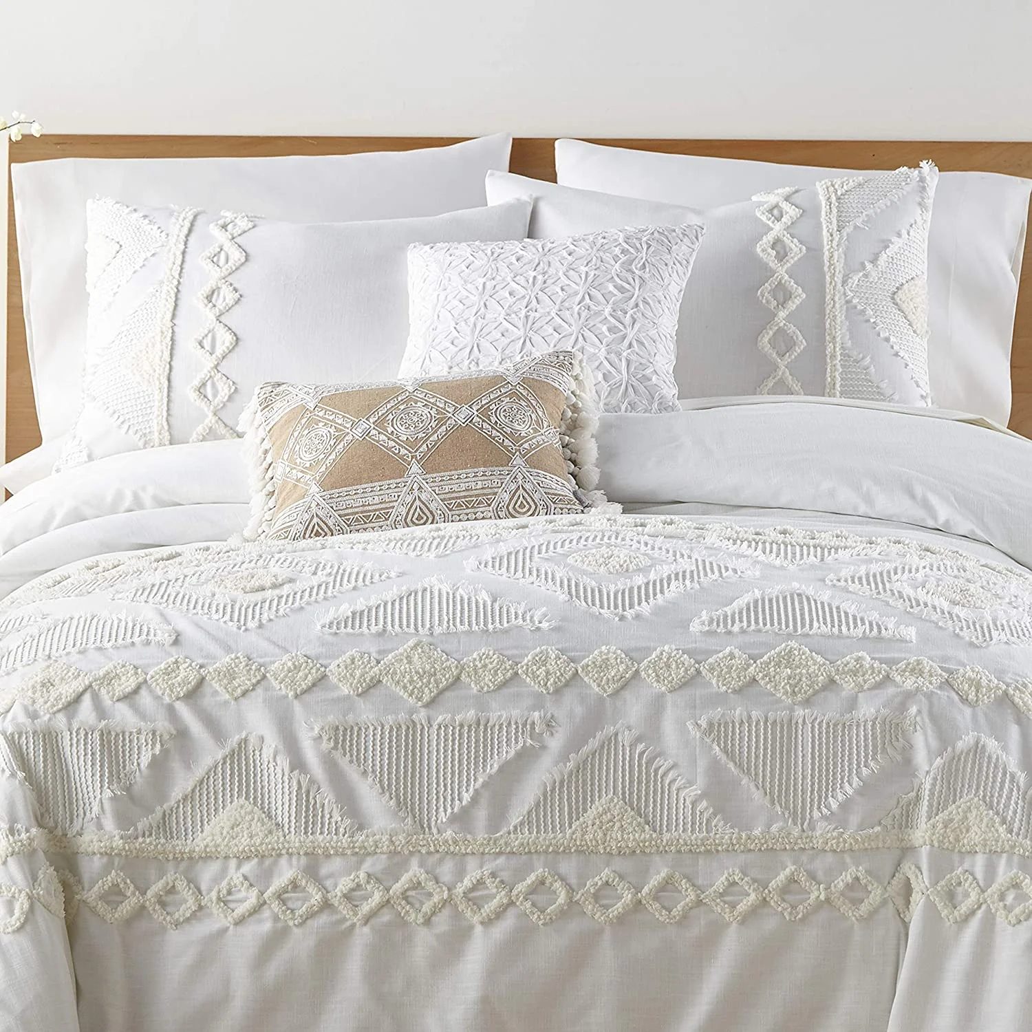 Tribal Tufted Jacquard Cotton Duvet Cover Set – Cream Chenille Detail, Soft Reversible Design, 3-Piece Bedding Set