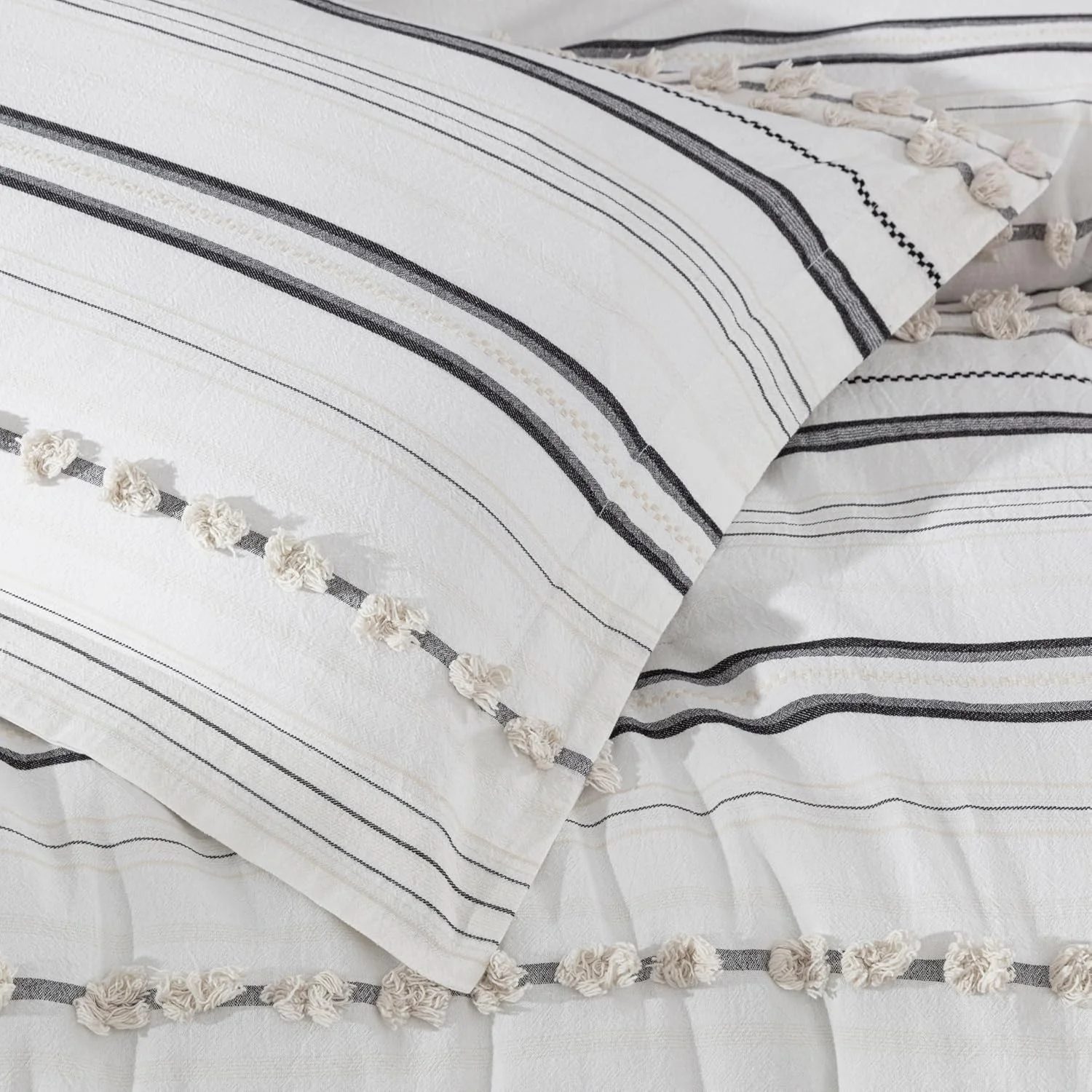 Cotton Jacquard Comforter Set – 220 GSM Fill, Boho Striped Tufted Design, Breathable 4-Piece Bedding Set