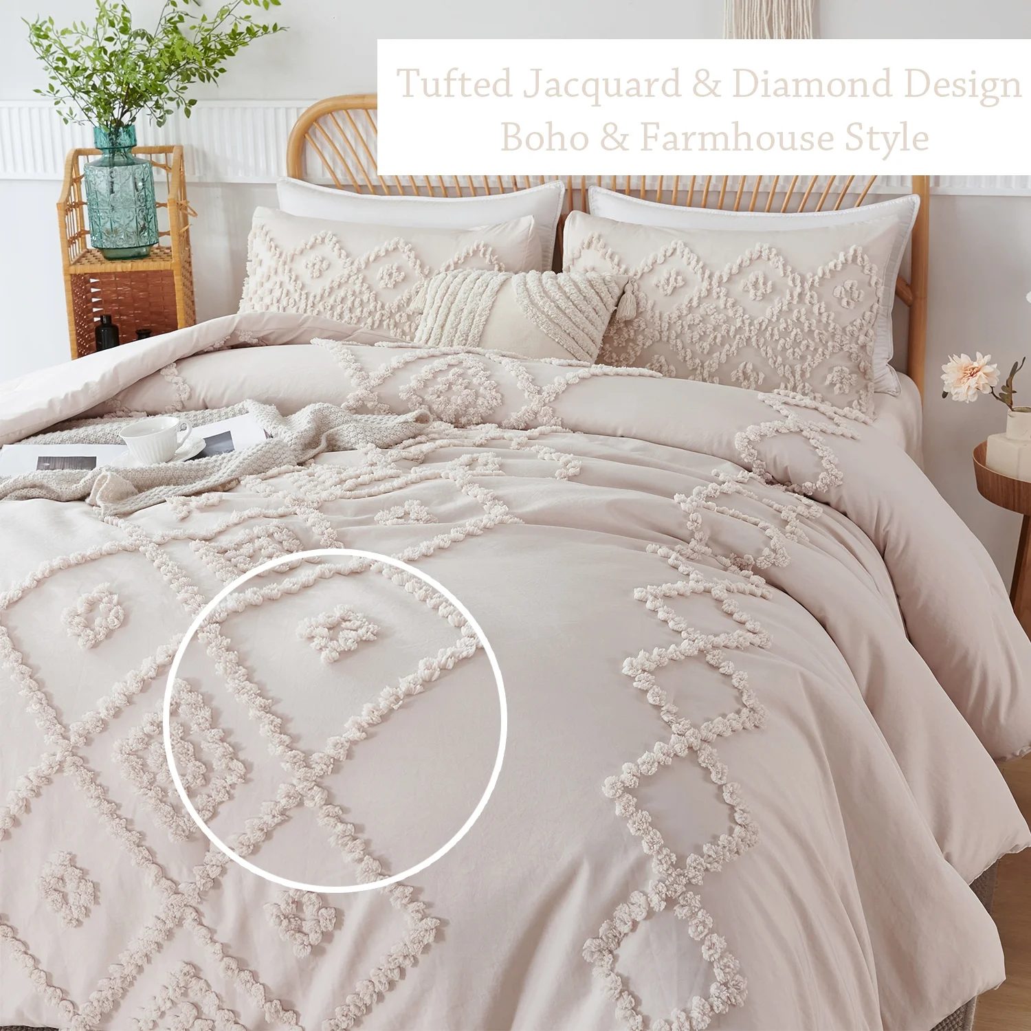 Bohemian Farmhouse Tufted Jacquard Comforter Set – Diamond Geometric Design, 240 GSM Fill, All-Season Microfiber Bedding