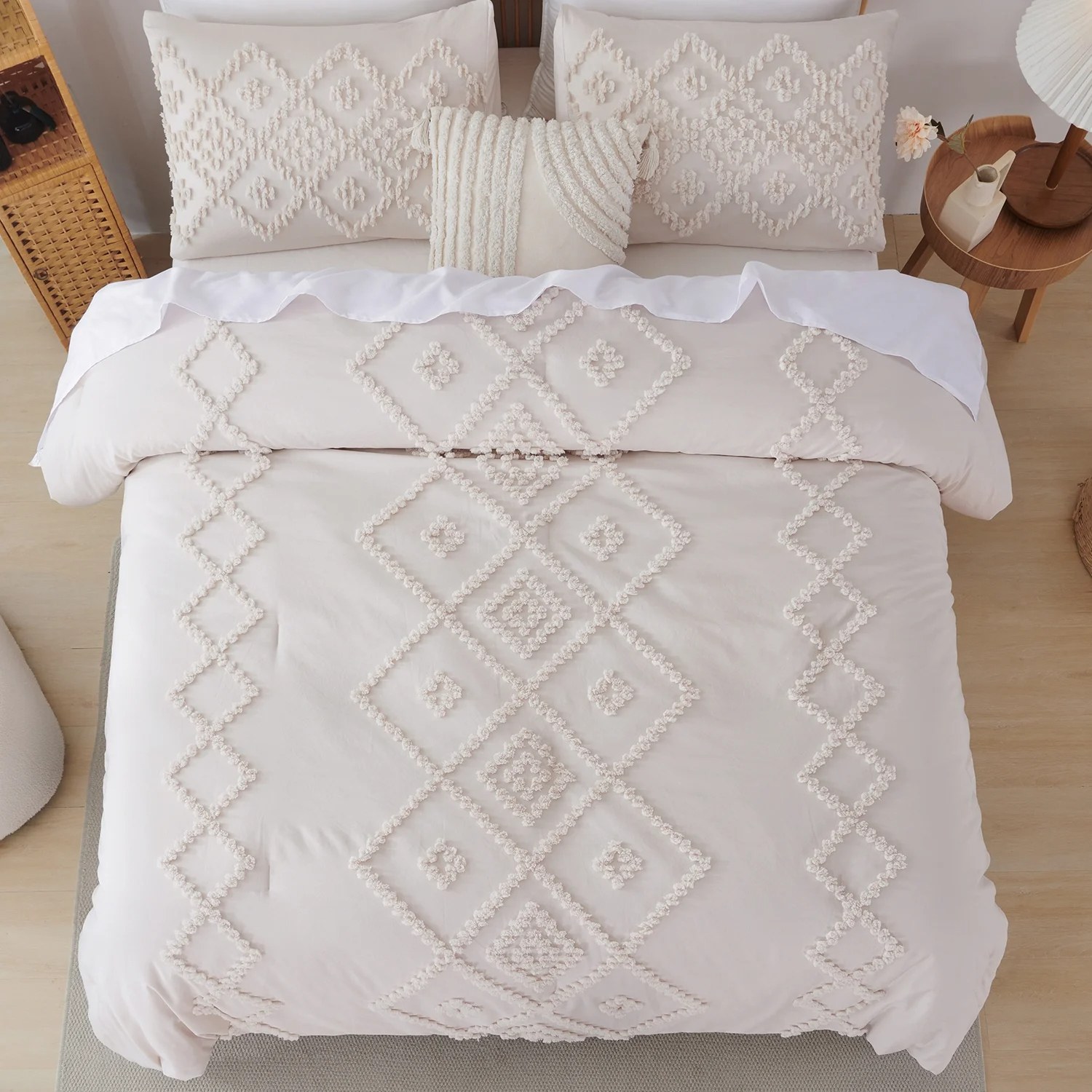 Bohemian Farmhouse Tufted Jacquard Comforter Set – Diamond Geometric Design, 240 GSM Fill, All-Season Microfiber Bedding