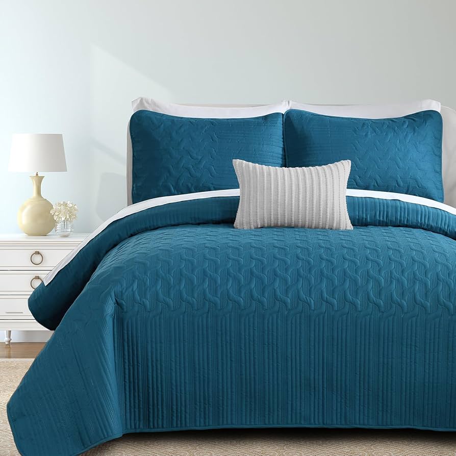 3-Piece Quilted Bedcover Set with Serene Solid Teal Blue Microfiber