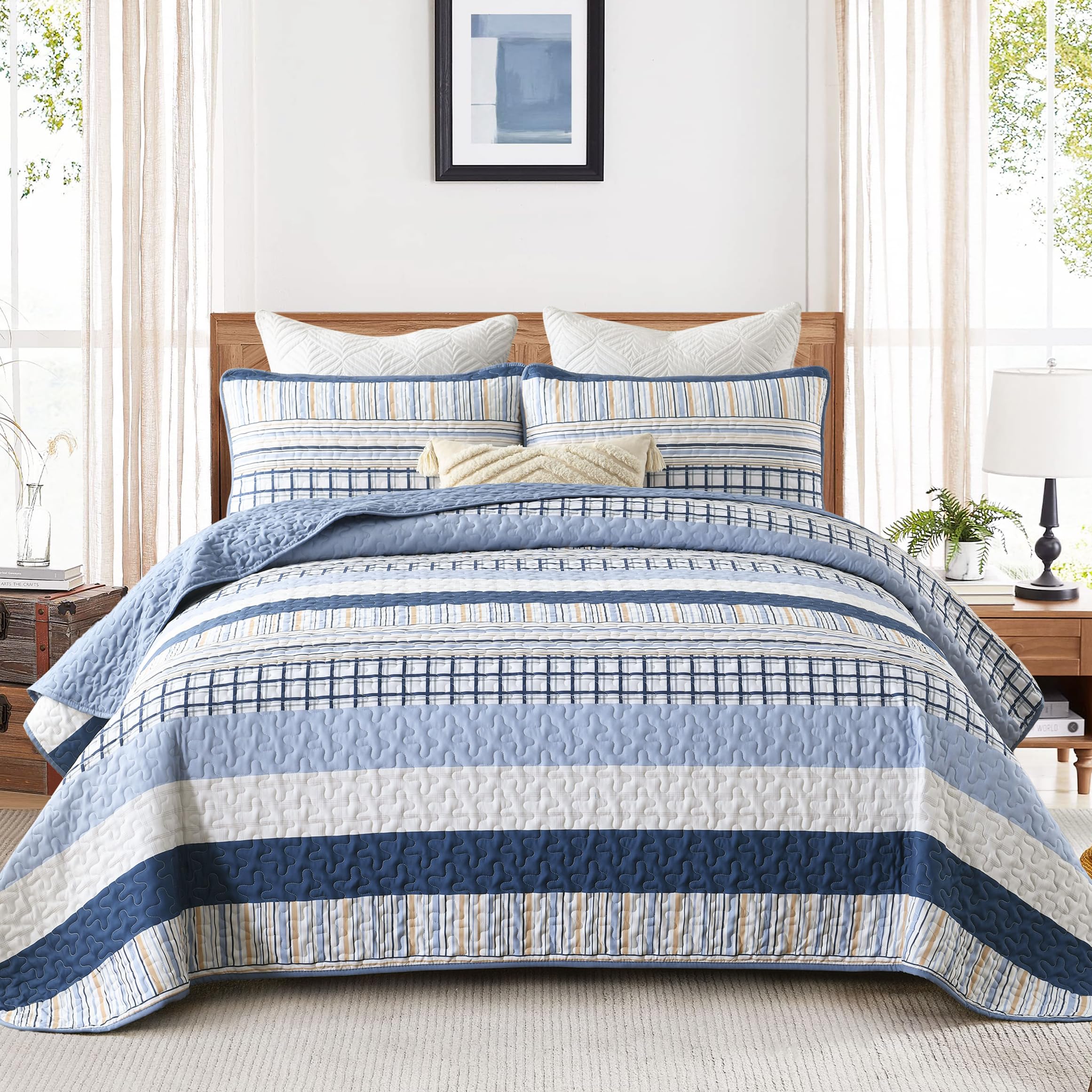 3-Piece Quilted Bedcover Set with Modern Navy Blue Stripe and Geometric Pattern