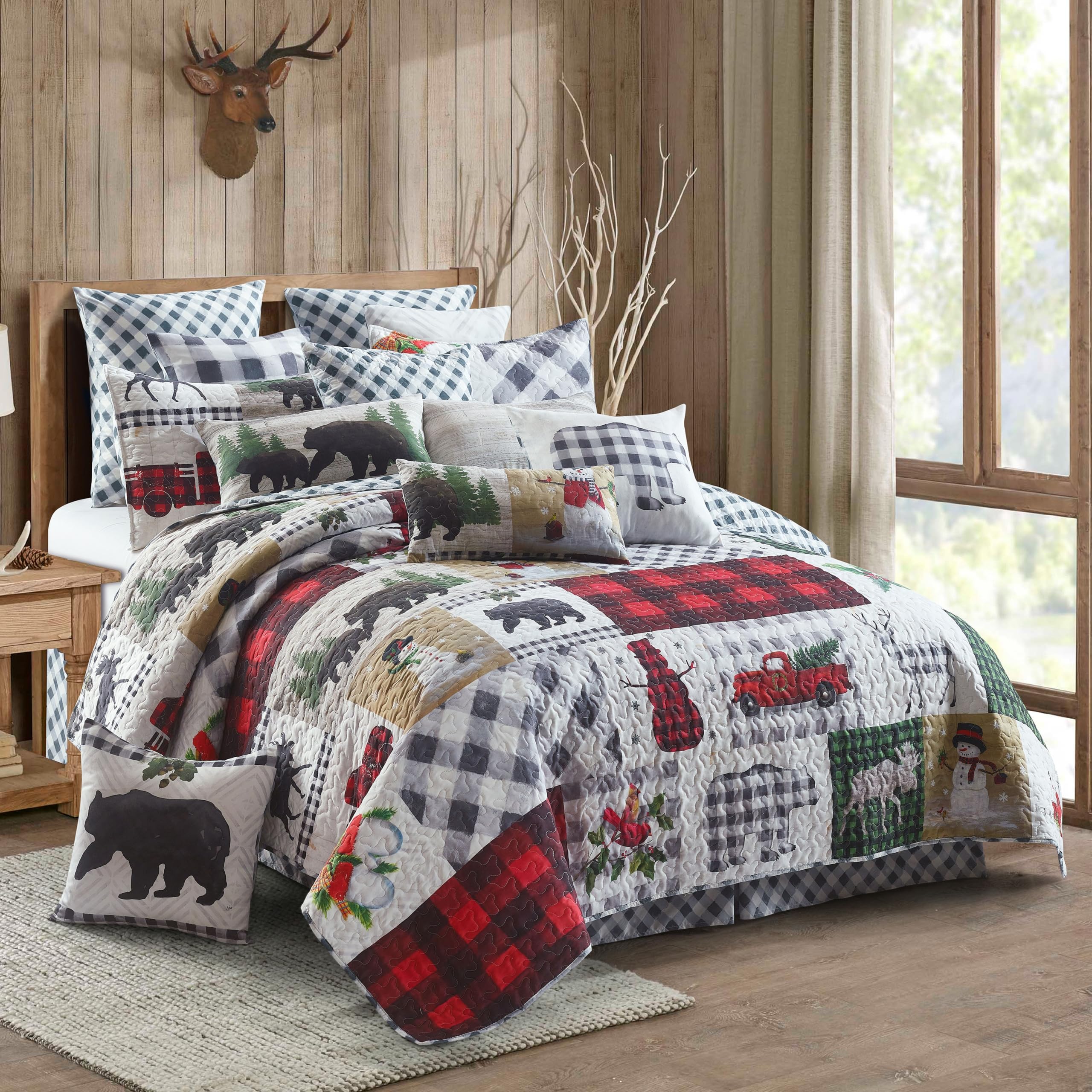 3-Piece Rustic Lodge Plaid & Bear Patchwork Quilted Bedcover Set