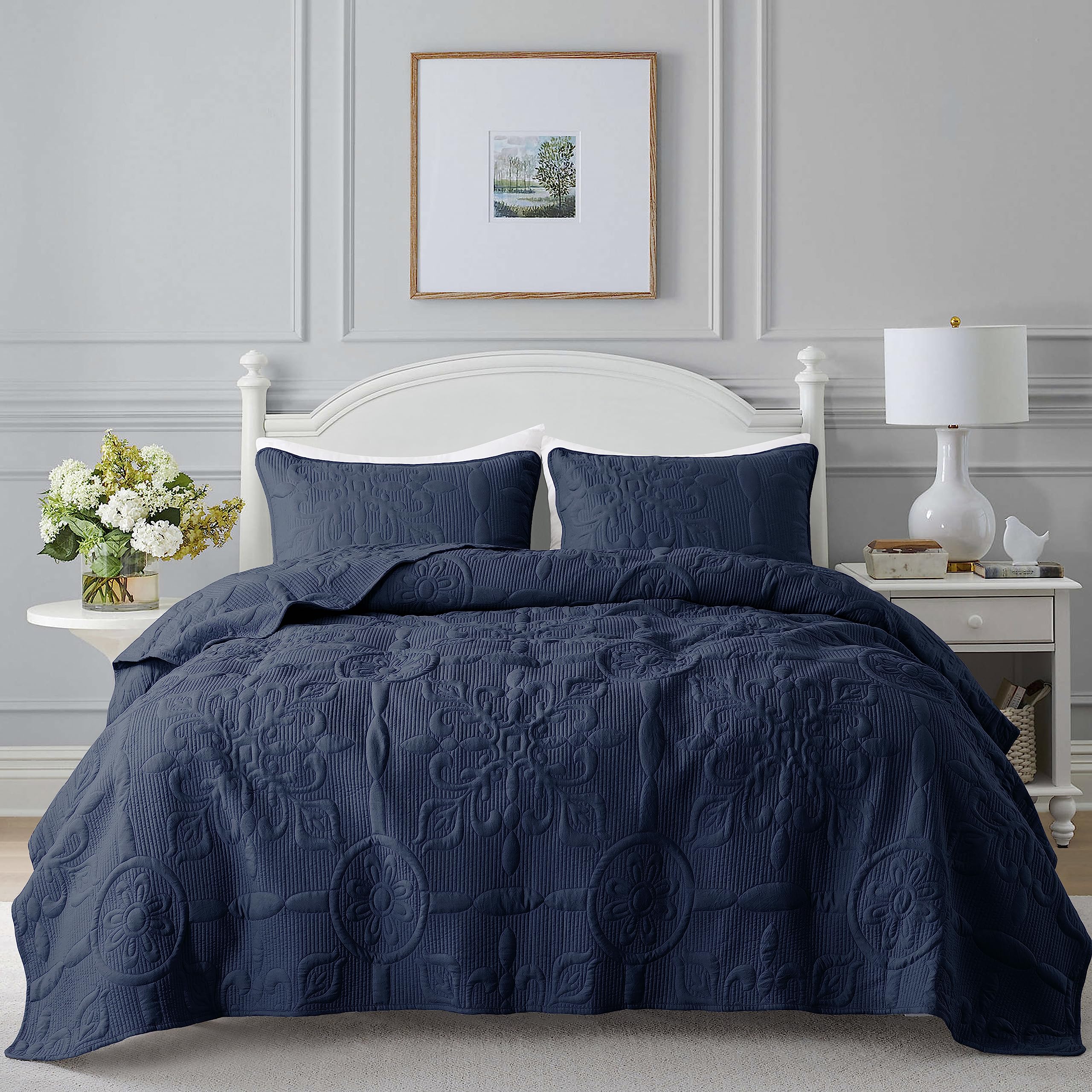 3-Piece Navy Blue Solid Embossed Floral Quilted Bedcover Set
