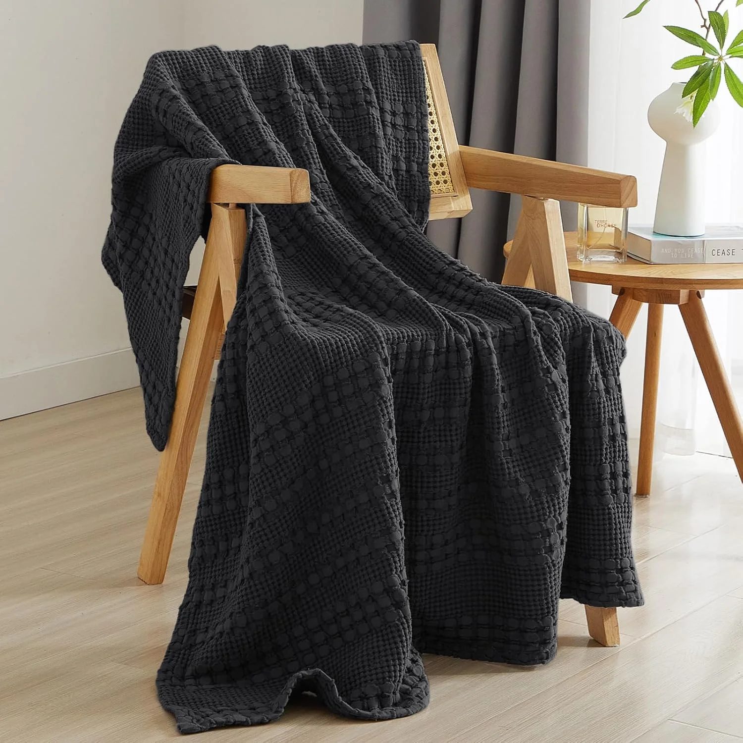 Pure Cotton Waffle Weave Throw Blanket – Breathable Textured Knit, Soft Pre-Washed All-Season Blanket for Bed, Sofa & Travel