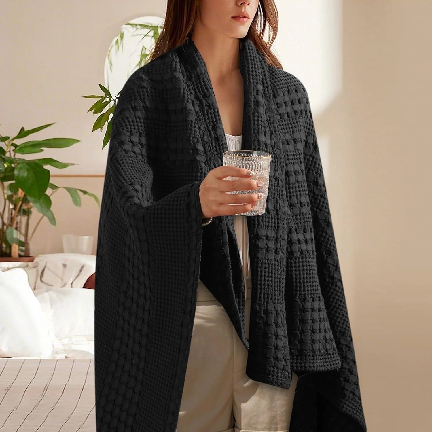 Pure Cotton Waffle Weave Throw Blanket – Breathable Textured Knit, Soft Pre-Washed All-Season Blanket for Bed, Sofa & Travel