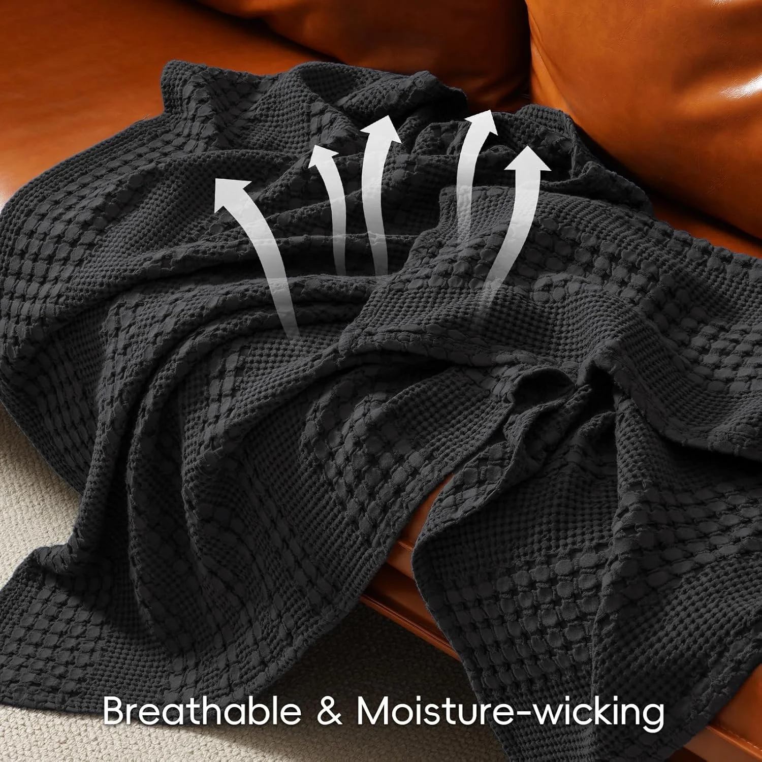 Pure Cotton Waffle Weave Throw Blanket – Breathable Textured Knit, Soft Pre-Washed All-Season Blanket for Bed, Sofa & Travel