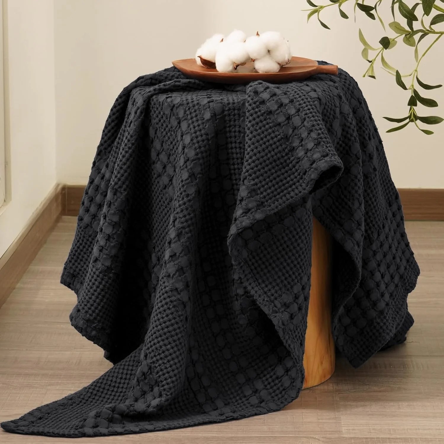 Pure Cotton Waffle Weave Throw Blanket – Breathable Textured Knit, Soft Pre-Washed All-Season Blanket for Bed, Sofa & Travel