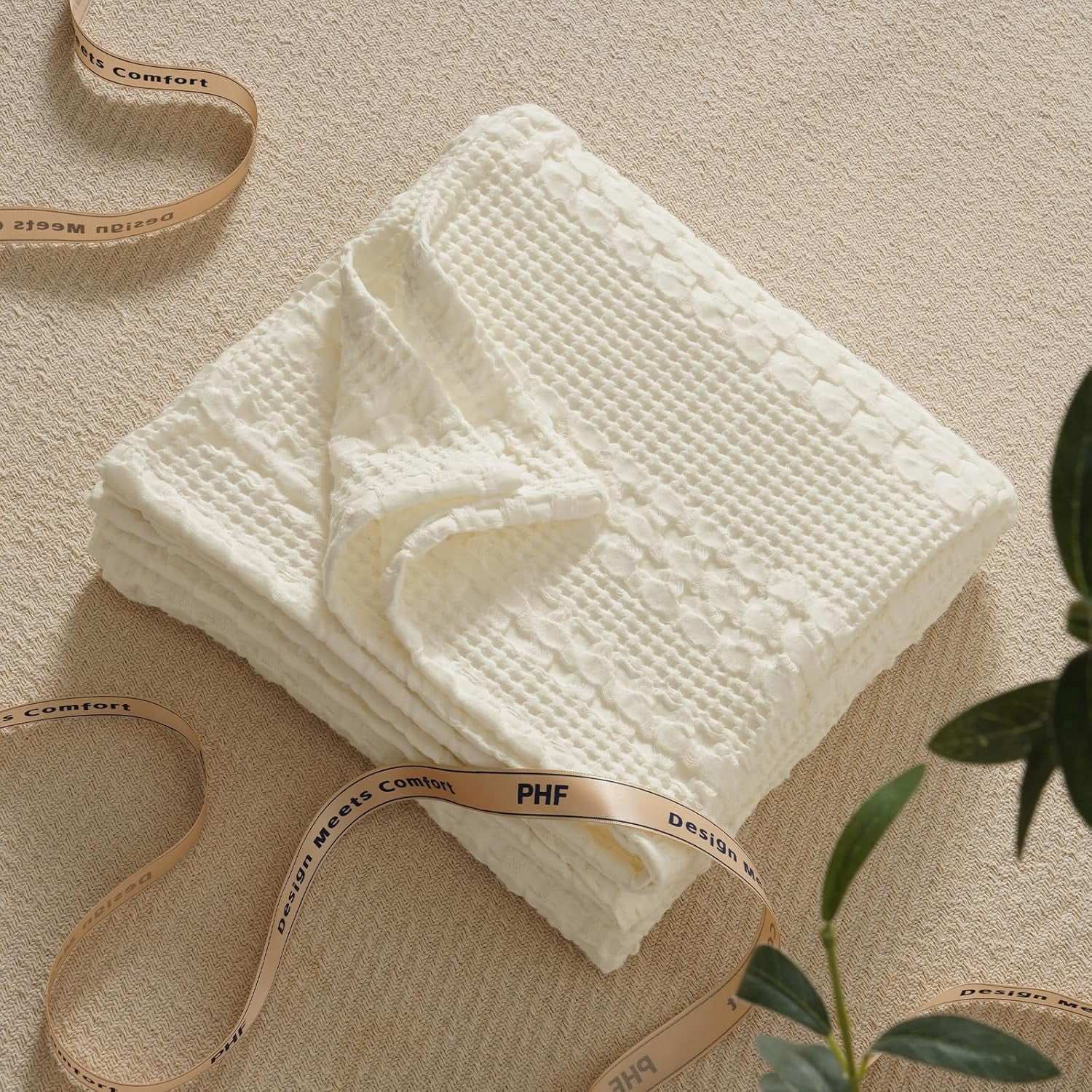 Pure Cotton Waffle Weave Throw Blanket – Breathable Textured Knit, Soft Pre-Washed All-Season Blanket for Bed, Sofa & Travel