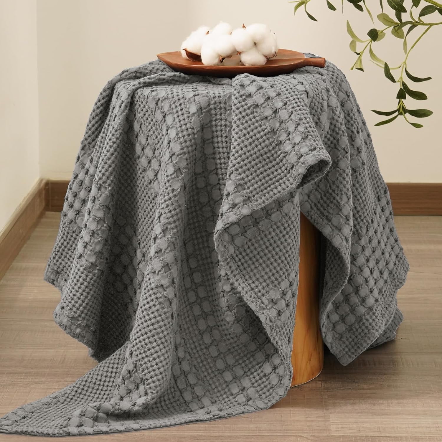 Pure Cotton Waffle Weave Throw Blanket – Breathable Textured Knit, Soft Pre-Washed All-Season Blanket for Bed, Sofa & Travel