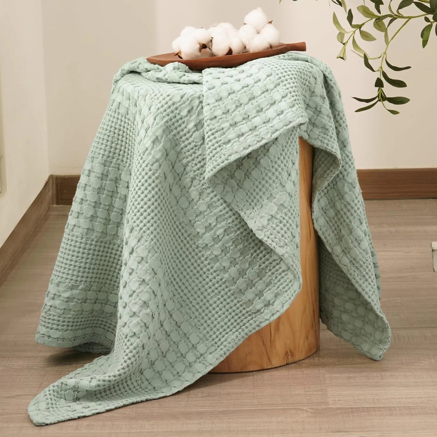 Pure Cotton Waffle Weave Throw Blanket – Breathable Textured Knit, Soft Pre-Washed All-Season Blanket for Bed, Sofa & Travel