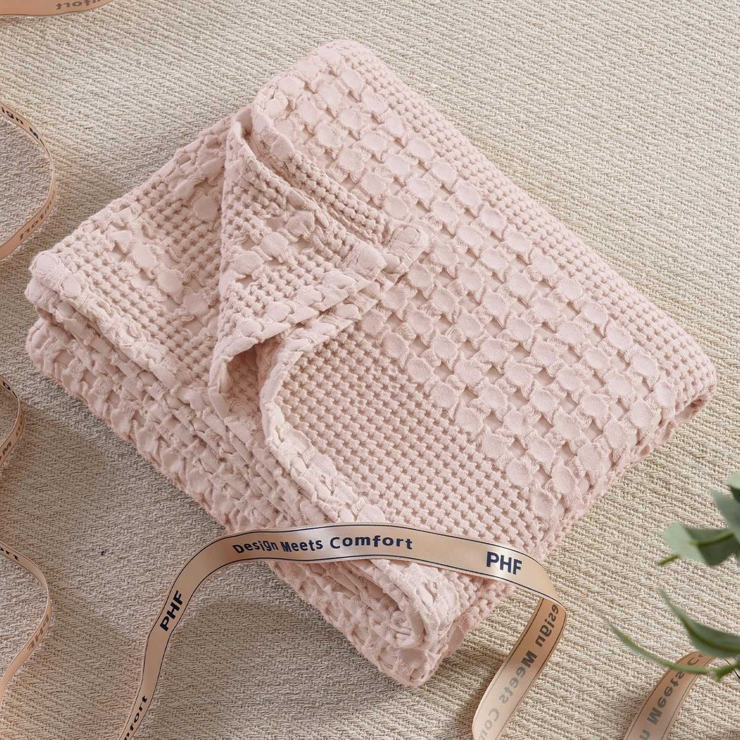 Pure Cotton Waffle Weave Throw Blanket – Breathable Textured Knit, Soft Pre-Washed All-Season Blanket for Bed, Sofa & Travel