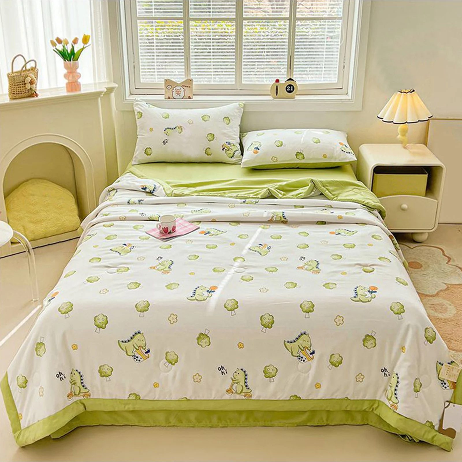 Cute Dinosaur Kids Summer Quilt – Washed Fabric Lightweight Cooling Comforter
