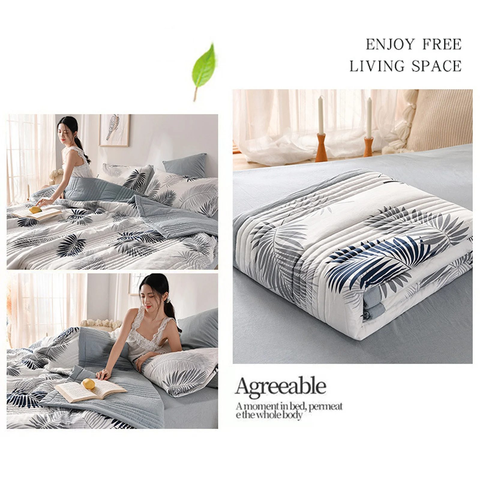 Feather Print Washed Cotton Summer Quilt – Lightweight Breathable Air-Conditioning Comforter