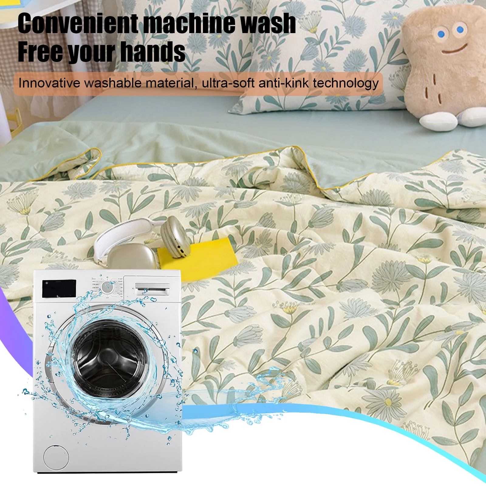 Green Botanical Print Cooling Summer Quilt – Lightweight Breathable Moisture-Wicking Comforter