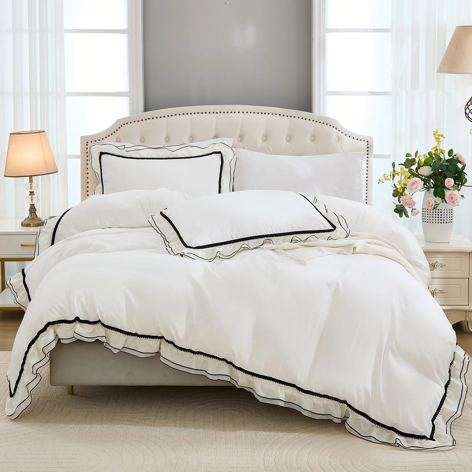 Pom-Pom Ruffled Comforter Set – 3 Piece Soft Microfiber All-Season Bedding Set