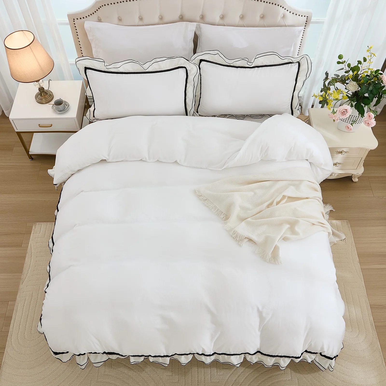 Pom-Pom Ruffled Comforter Set – 3 Piece Soft Microfiber All-Season Bedding Set